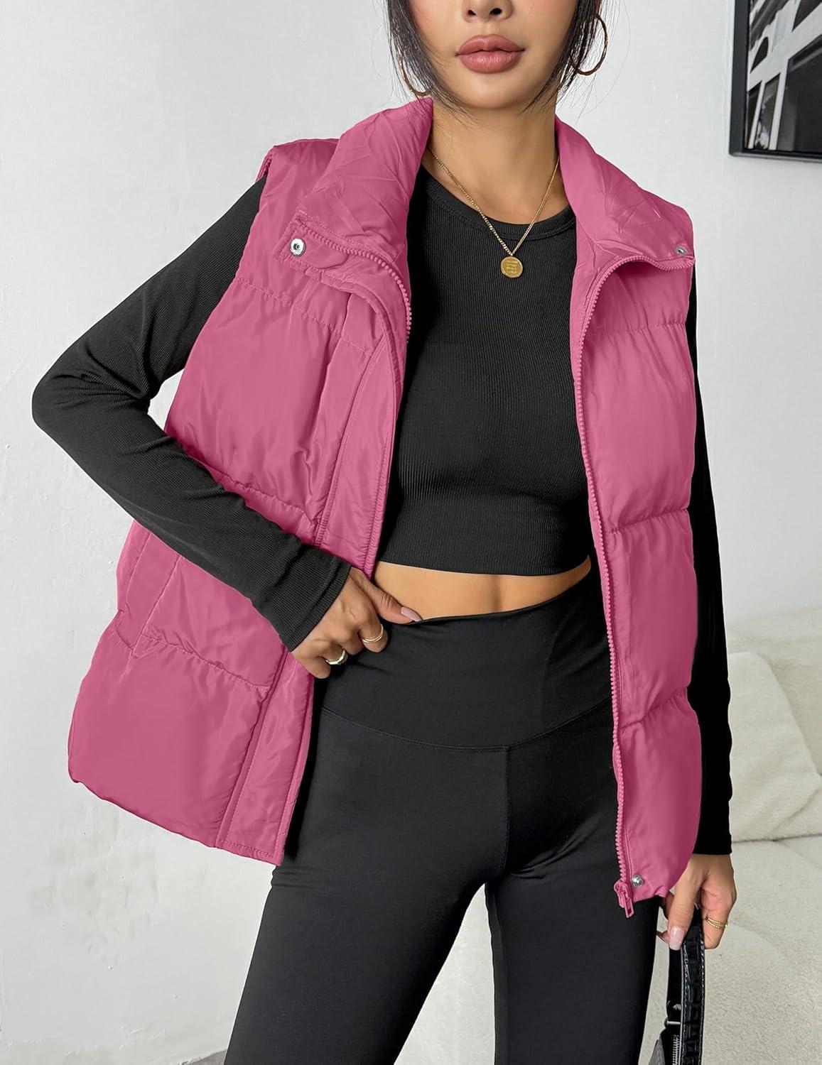imageZeagoo Women Puffer Vest Lightweight Stand Collar Sleeveless Winter Warm Zip Up Padded Outerwear Jackets with Pockets SXXLHot Pink