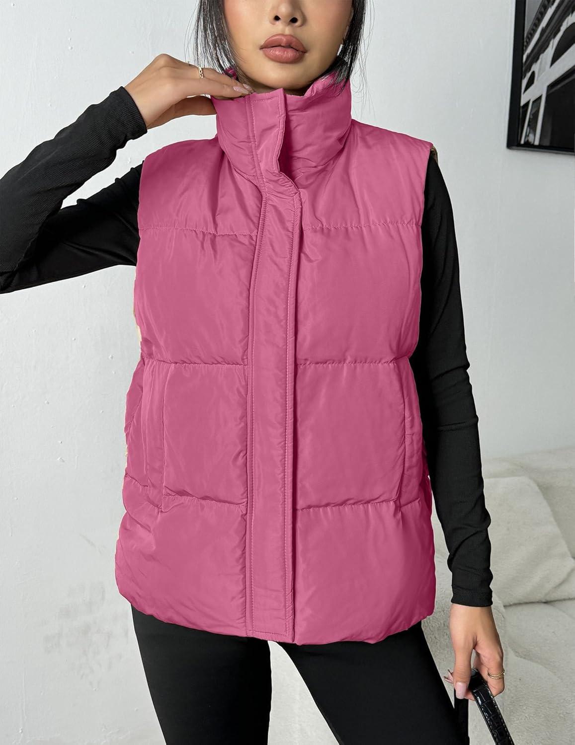 imageZeagoo Women Puffer Vest Lightweight Stand Collar Sleeveless Winter Warm Zip Up Padded Outerwear Jackets with Pockets SXXLHot Pink
