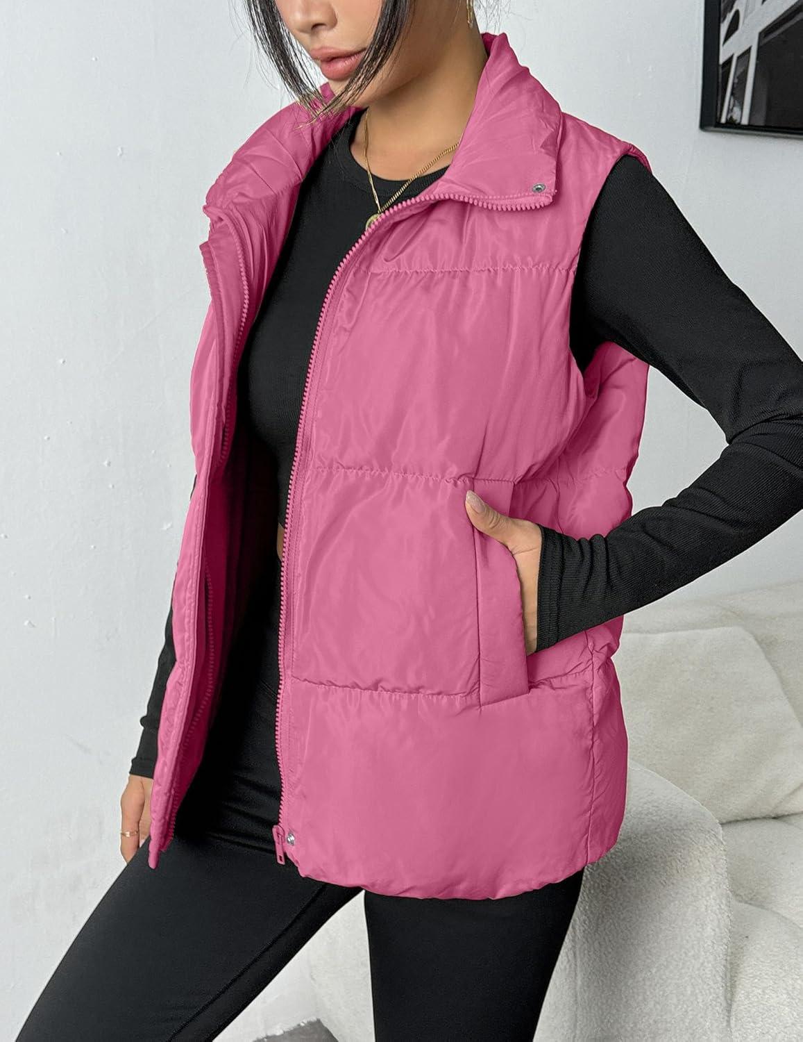 imageZeagoo Women Puffer Vest Lightweight Stand Collar Sleeveless Winter Warm Zip Up Padded Outerwear Jackets with Pockets SXXLHot Pink