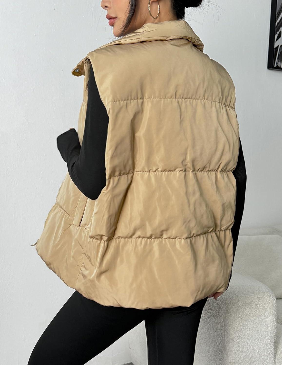 imageZeagoo Women Puffer Vest Lightweight Stand Collar Sleeveless Winter Warm Zip Up Padded Outerwear Jackets with Pockets SXXLKhaki