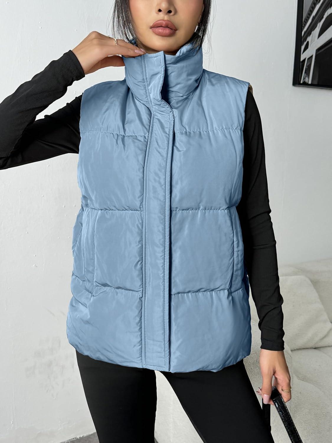 imageZeagoo Women Puffer Vest Lightweight Stand Collar Sleeveless Winter Warm Zip Up Padded Outerwear Jackets with Pockets SXXLLight Blue