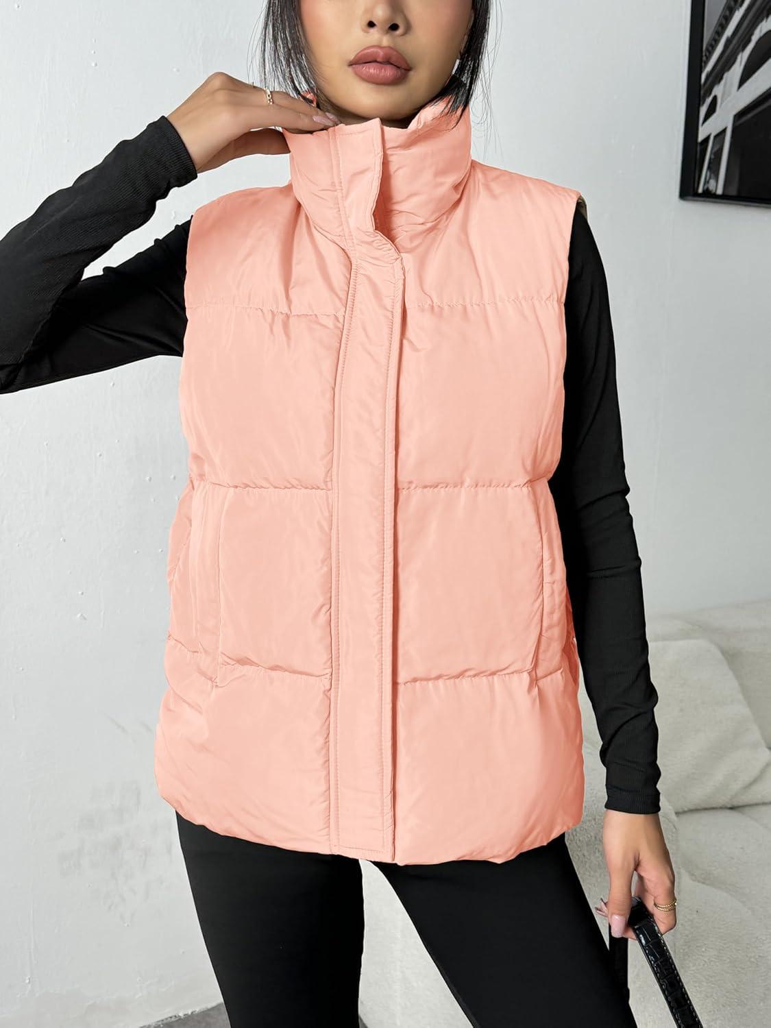 imageZeagoo Women Puffer Vest Lightweight Stand Collar Sleeveless Winter Warm Zip Up Padded Outerwear Jackets with Pockets SXXLPink