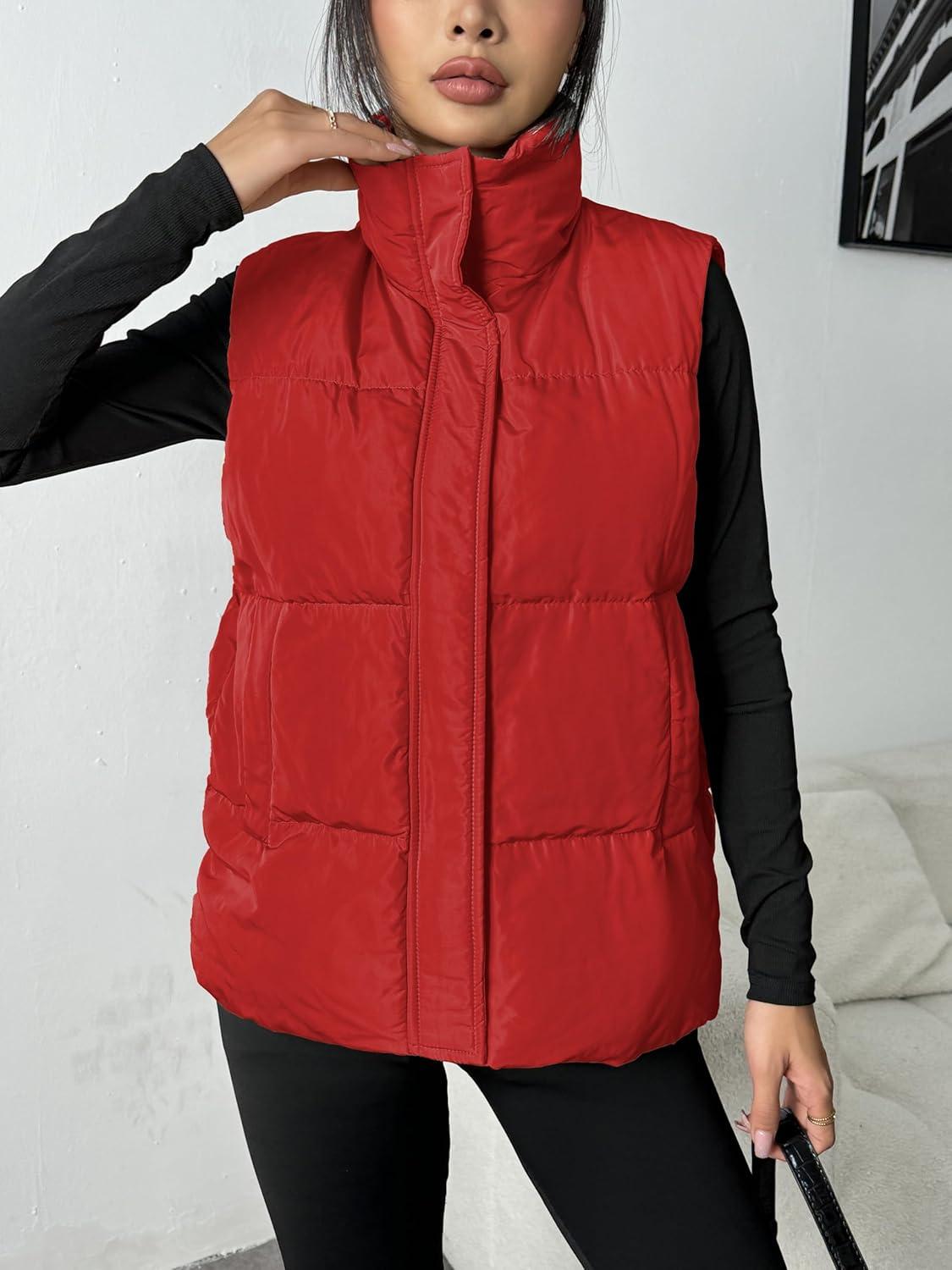 imageZeagoo Women Puffer Vest Lightweight Stand Collar Sleeveless Winter Warm Zip Up Padded Outerwear Jackets with Pockets SXXLRed