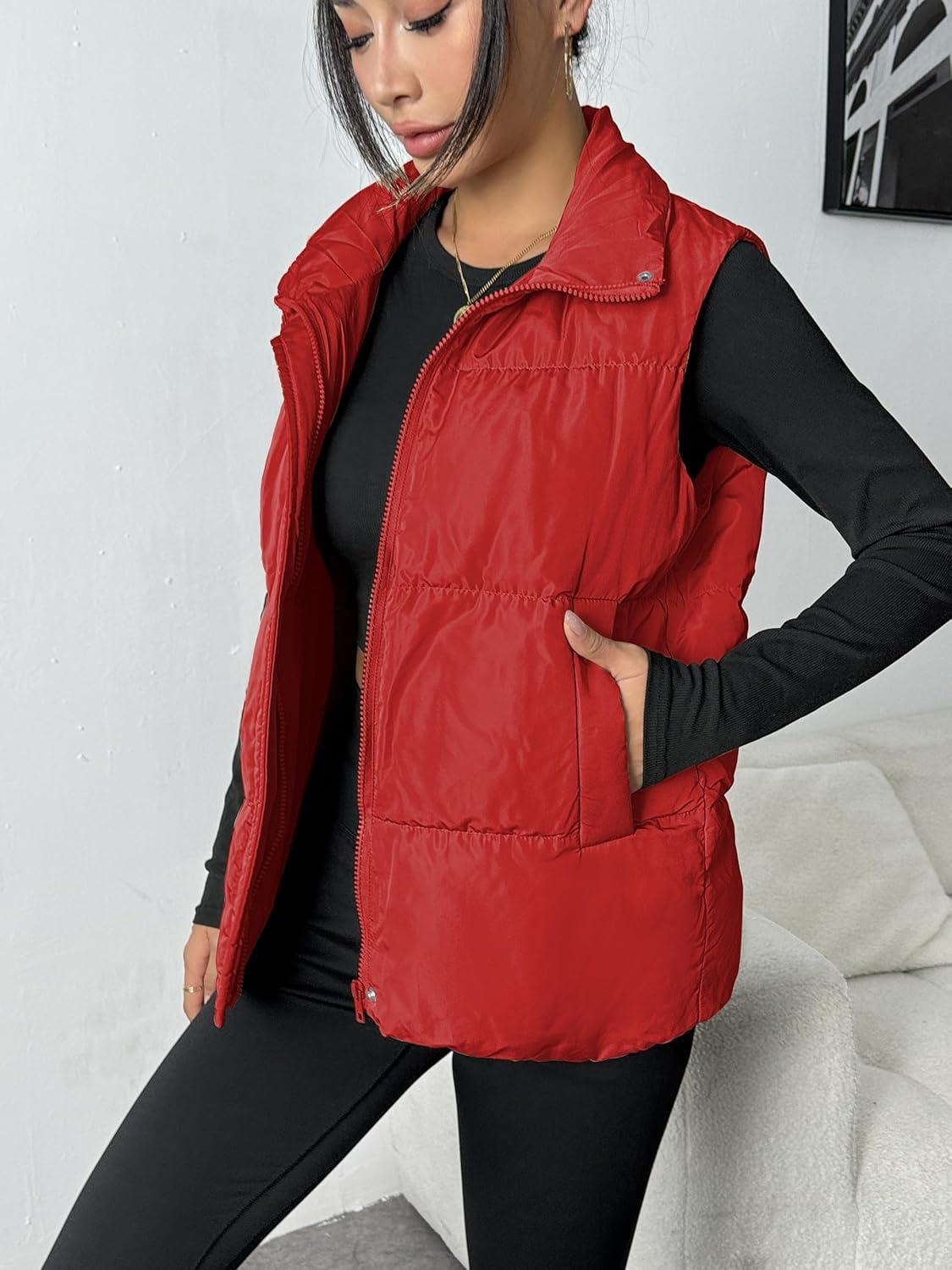 imageZeagoo Women Puffer Vest Lightweight Stand Collar Sleeveless Winter Warm Zip Up Padded Outerwear Jackets with Pockets SXXLRed