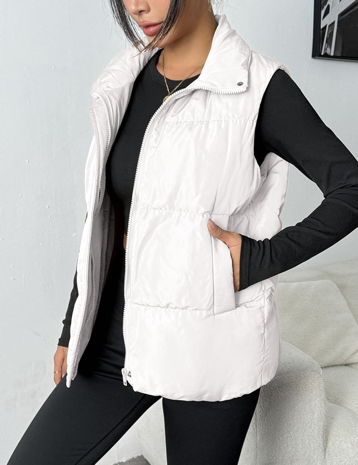 imageZeagoo Women Puffer Vest Lightweight Stand Collar Sleeveless Winter Warm Zip Up Padded Outerwear Jackets with Pockets SXXLWhite
