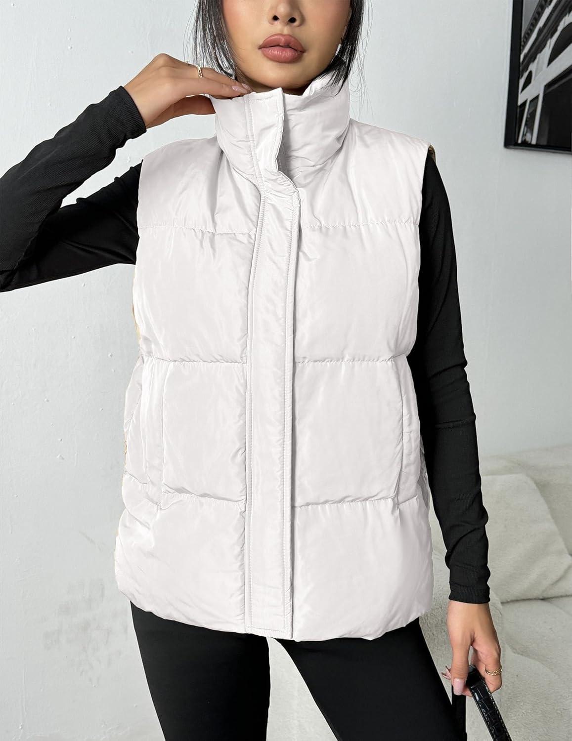 imageZeagoo Women Puffer Vest Lightweight Stand Collar Sleeveless Winter Warm Zip Up Padded Outerwear Jackets with Pockets SXXLWhite