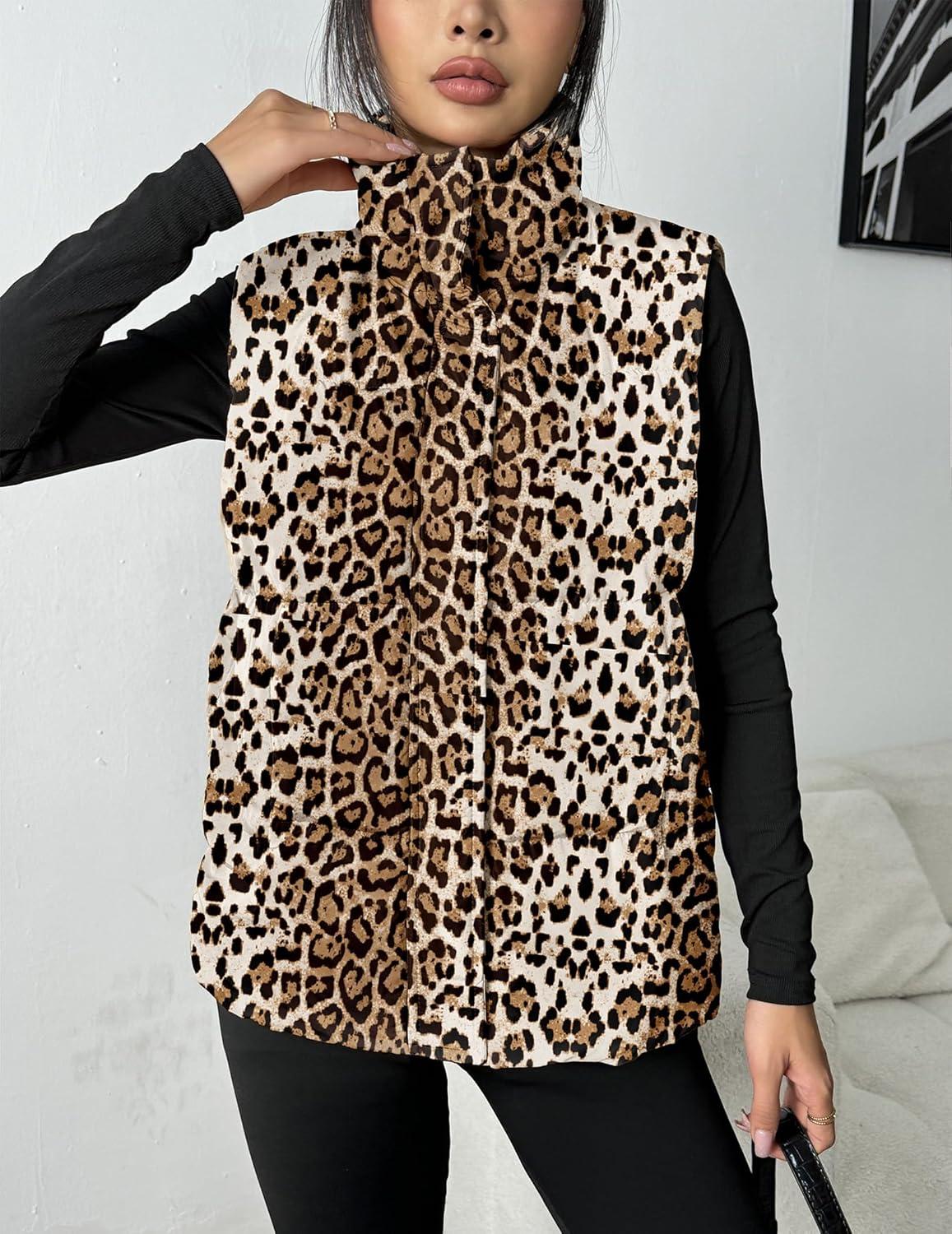 imageZeagoo Women Puffer Vest Lightweight Stand Collar Sleeveless Winter Warm Zip Up Padded Outerwear Jackets with Pockets SXXLWhite Brown Black Leopard