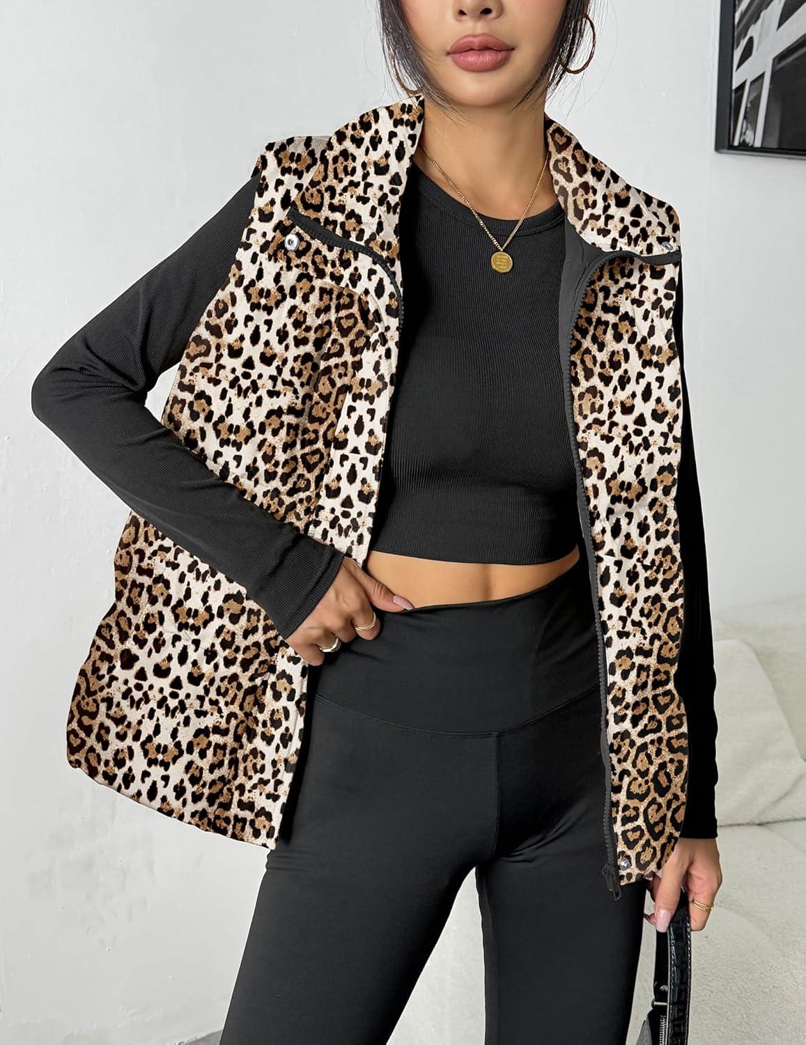 imageZeagoo Women Puffer Vest Lightweight Stand Collar Sleeveless Winter Warm Zip Up Padded Outerwear Jackets with Pockets SXXLWhite Brown Black Leopard