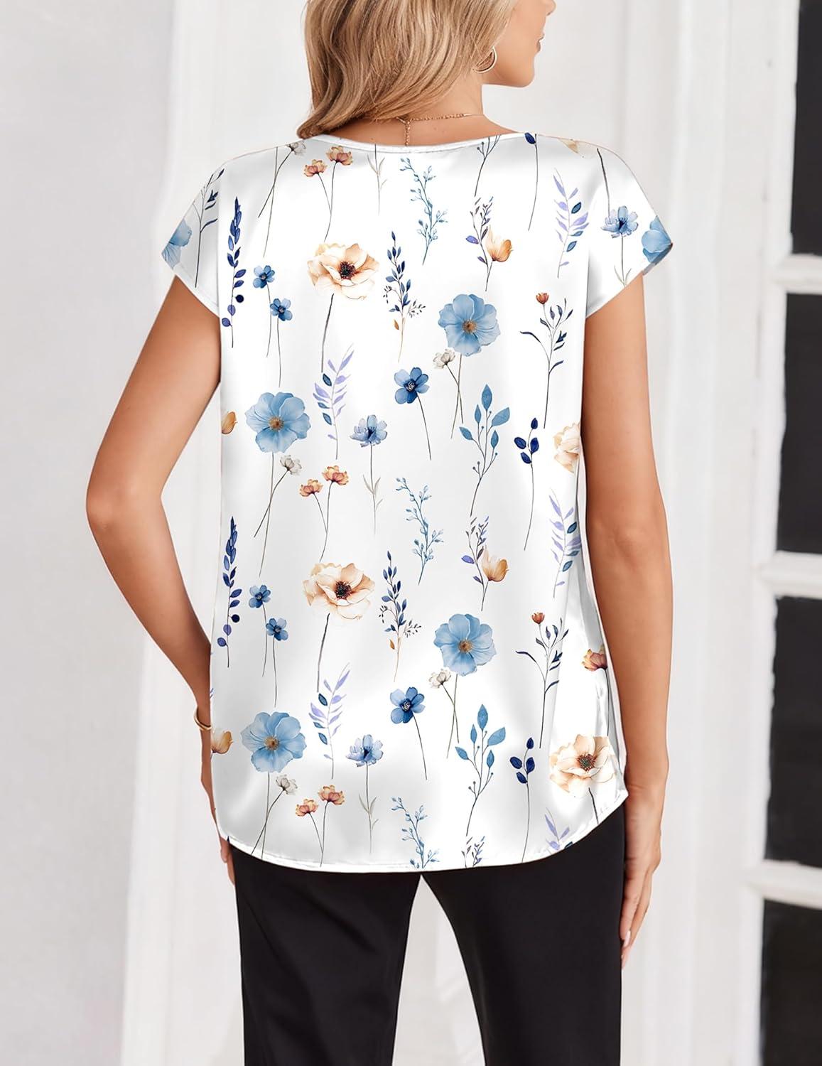 imageZeagoo Women Silk Satin Tops Cap Short Sleeve Blouse V Neck Shirts Business Casual Outfits S2XLBf290