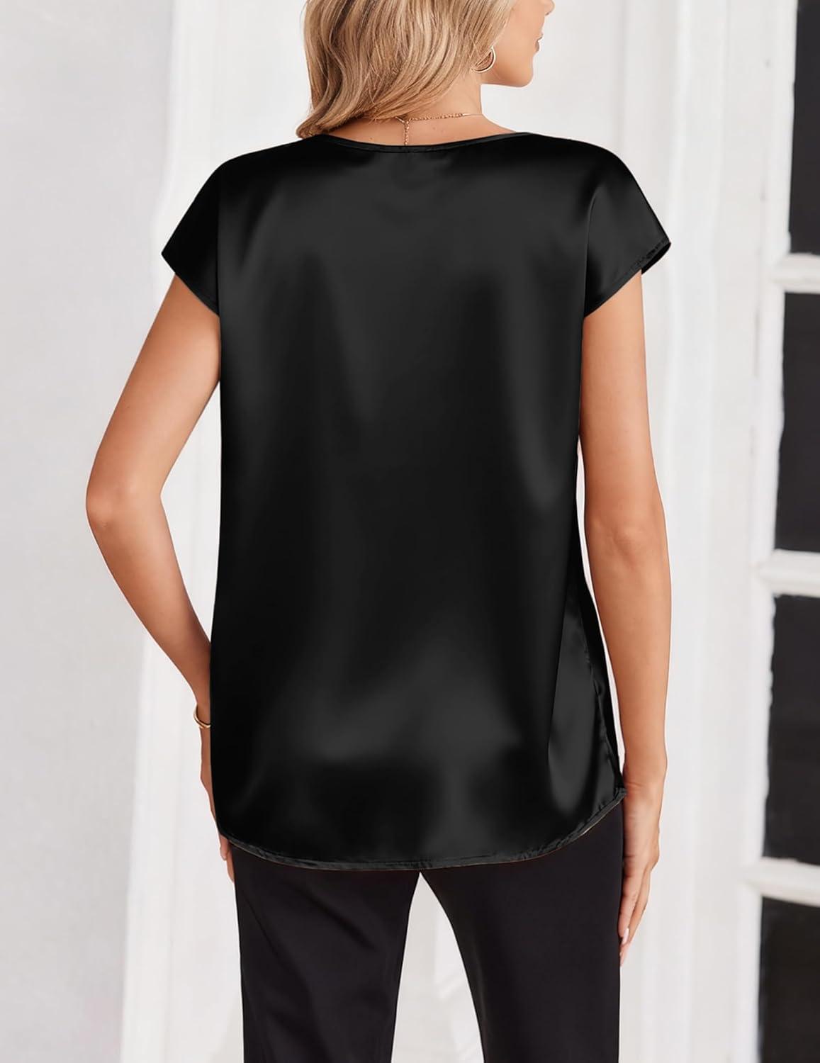 imageZeagoo Women Silk Satin Tops Cap Short Sleeve Blouse V Neck Shirts Business Casual Outfits S2XLBlack