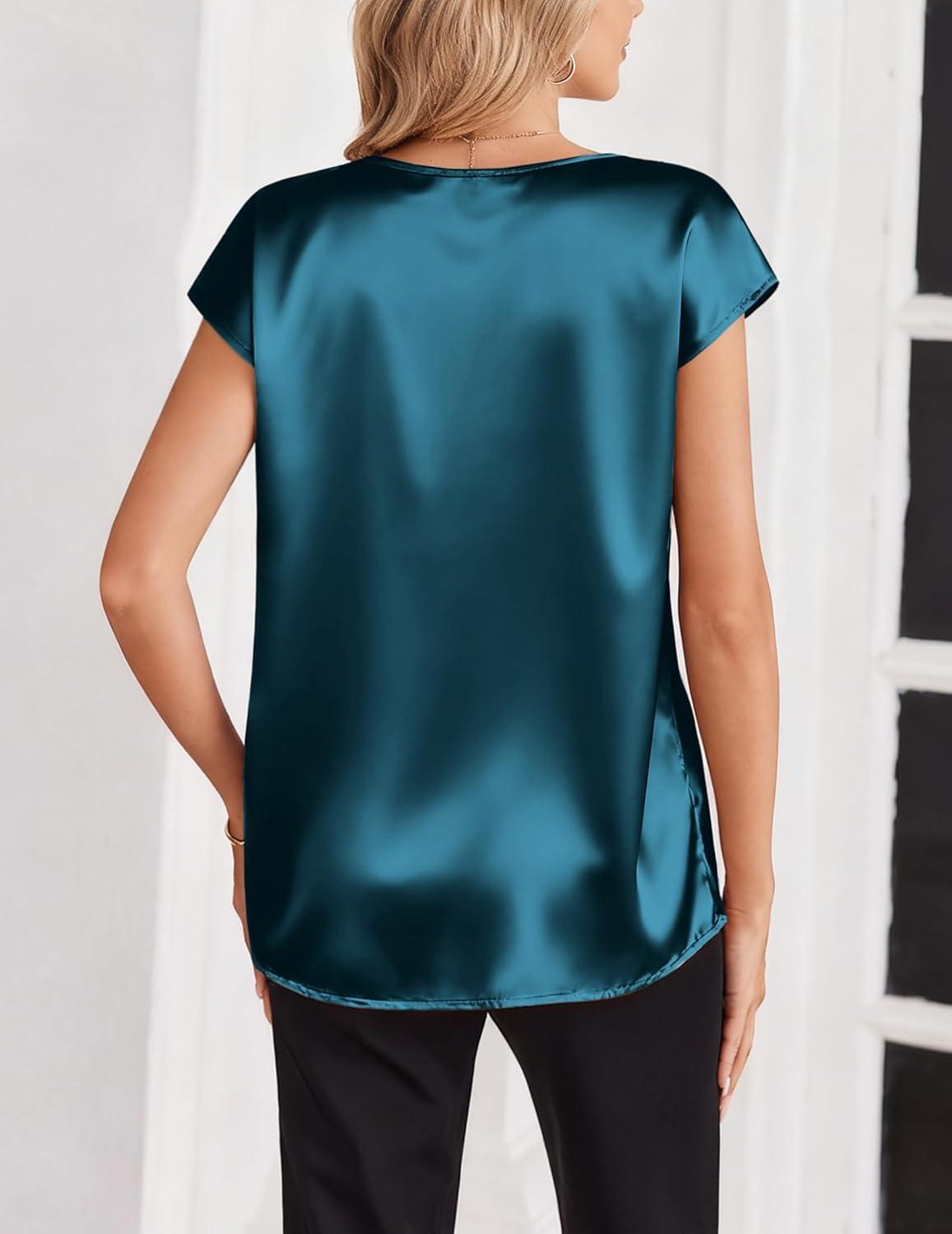 imageZeagoo Women Silk Satin Tops Cap Short Sleeve Blouse V Neck Shirts Business Casual Outfits S2XLBlue Green