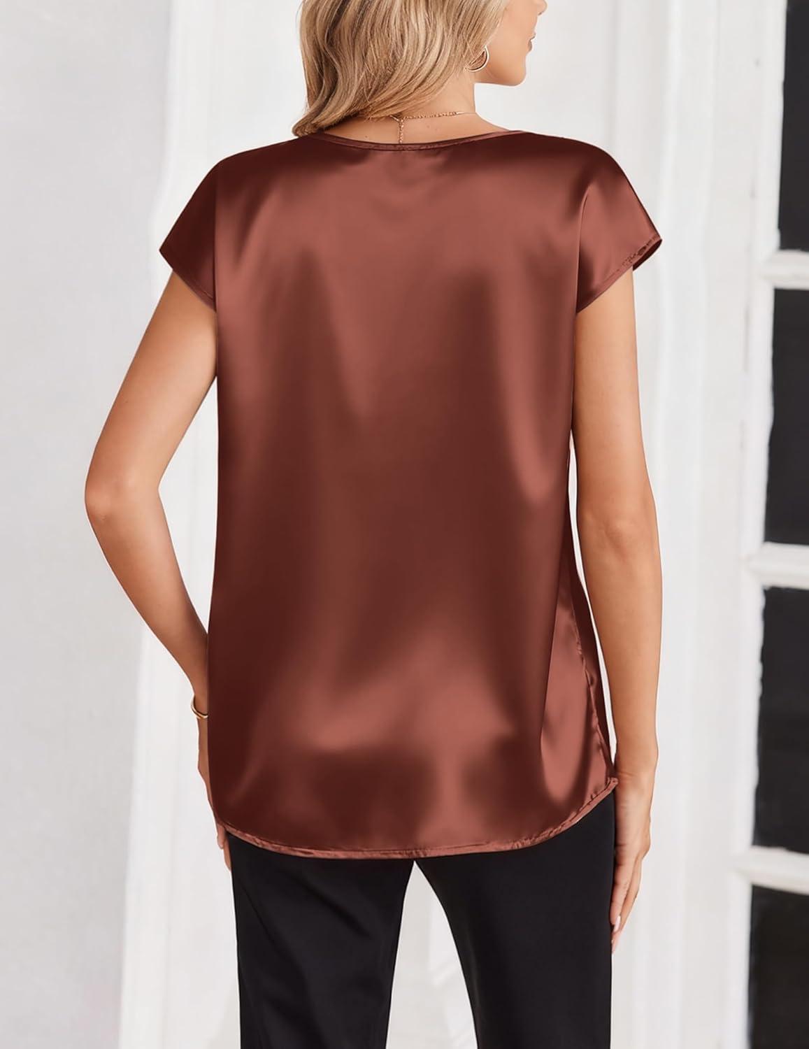 imageZeagoo Women Silk Satin Tops Cap Short Sleeve Blouse V Neck Shirts Business Casual Outfits S2XLBrown