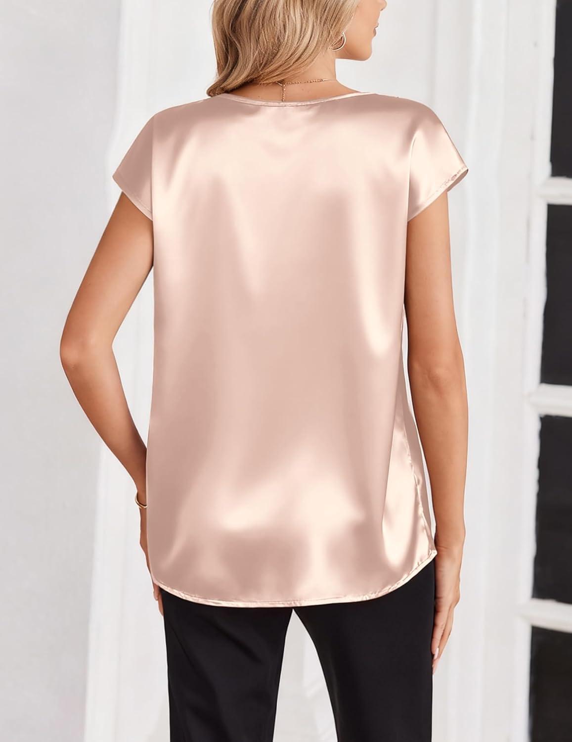 imageZeagoo Women Silk Satin Tops Cap Short Sleeve Blouse V Neck Shirts Business Casual Outfits S2XLChampagne