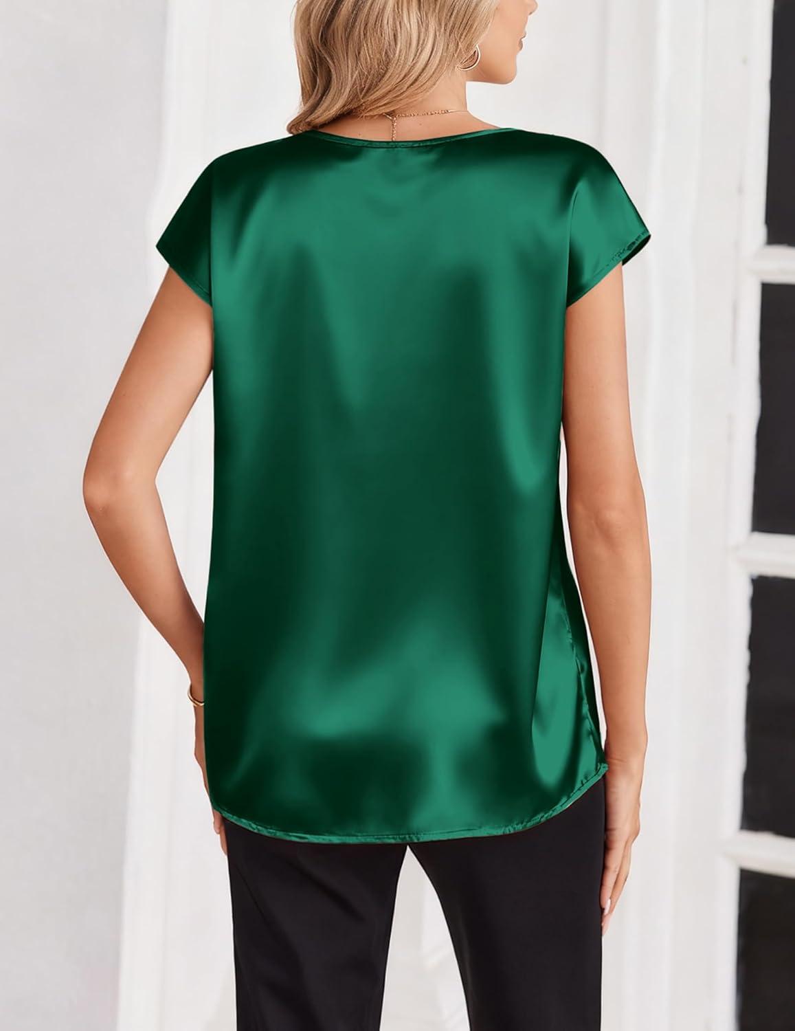 imageZeagoo Women Silk Satin Tops Cap Short Sleeve Blouse V Neck Shirts Business Casual Outfits S2XLGreen