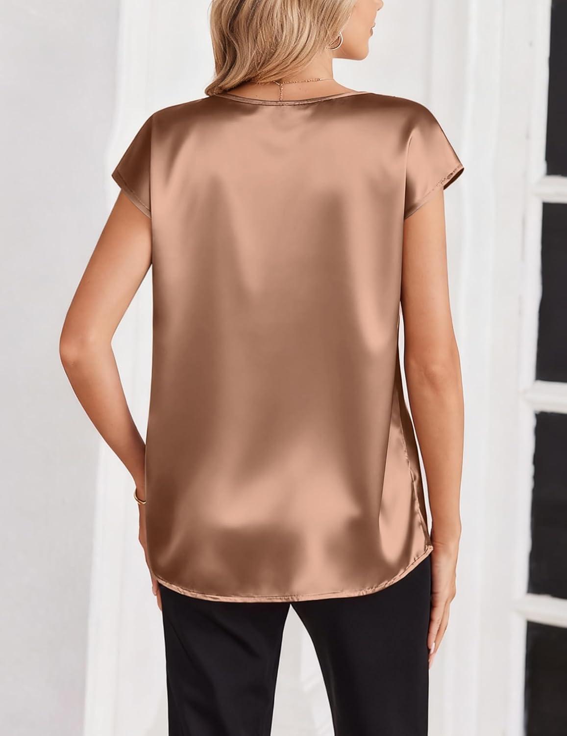 imageZeagoo Women Silk Satin Tops Cap Short Sleeve Blouse V Neck Shirts Business Casual Outfits S2XLLight Coffee