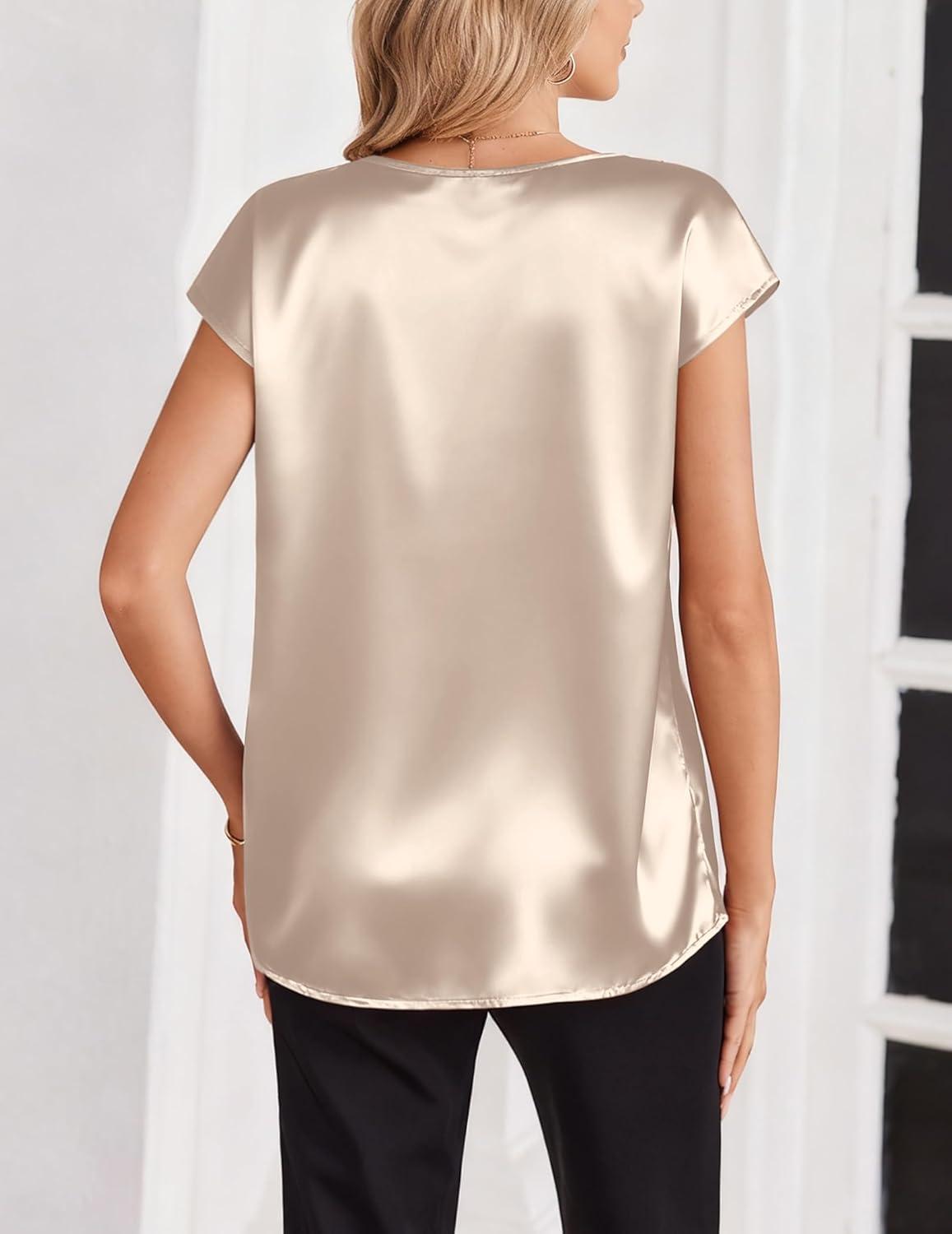imageZeagoo Women Silk Satin Tops Cap Short Sleeve Blouse V Neck Shirts Business Casual Outfits S2XLLight Grey