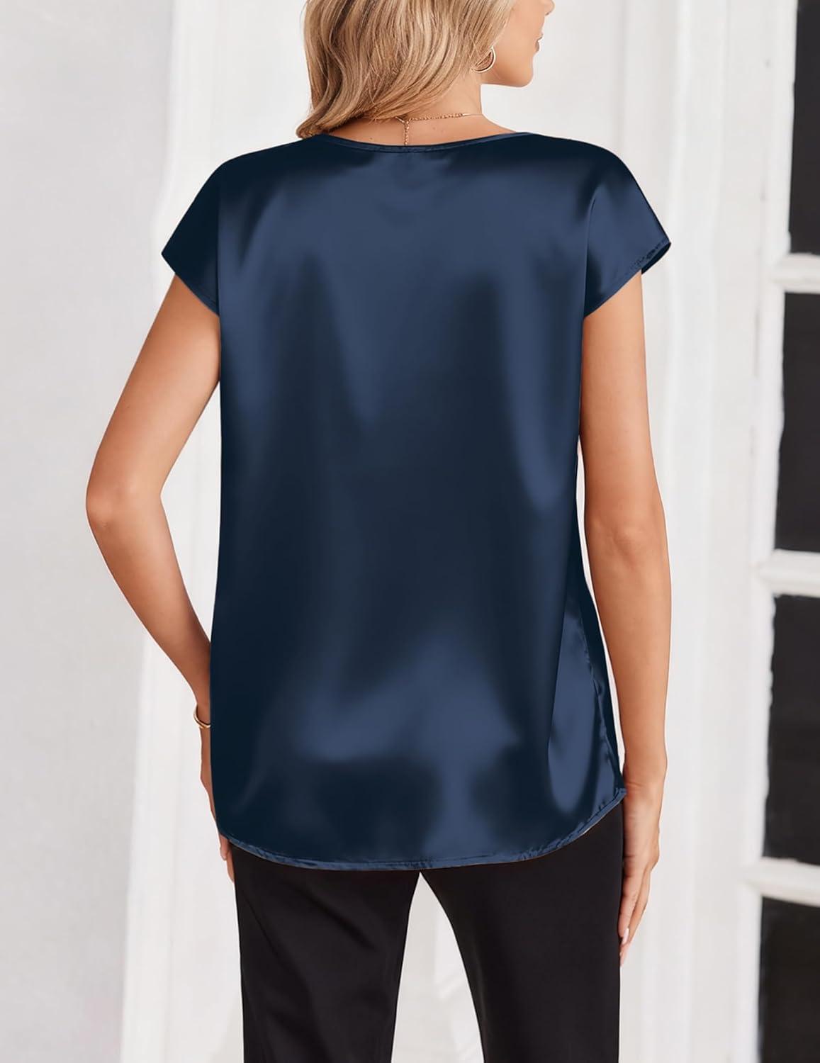 imageZeagoo Women Silk Satin Tops Cap Short Sleeve Blouse V Neck Shirts Business Casual Outfits S2XLNavy Blue