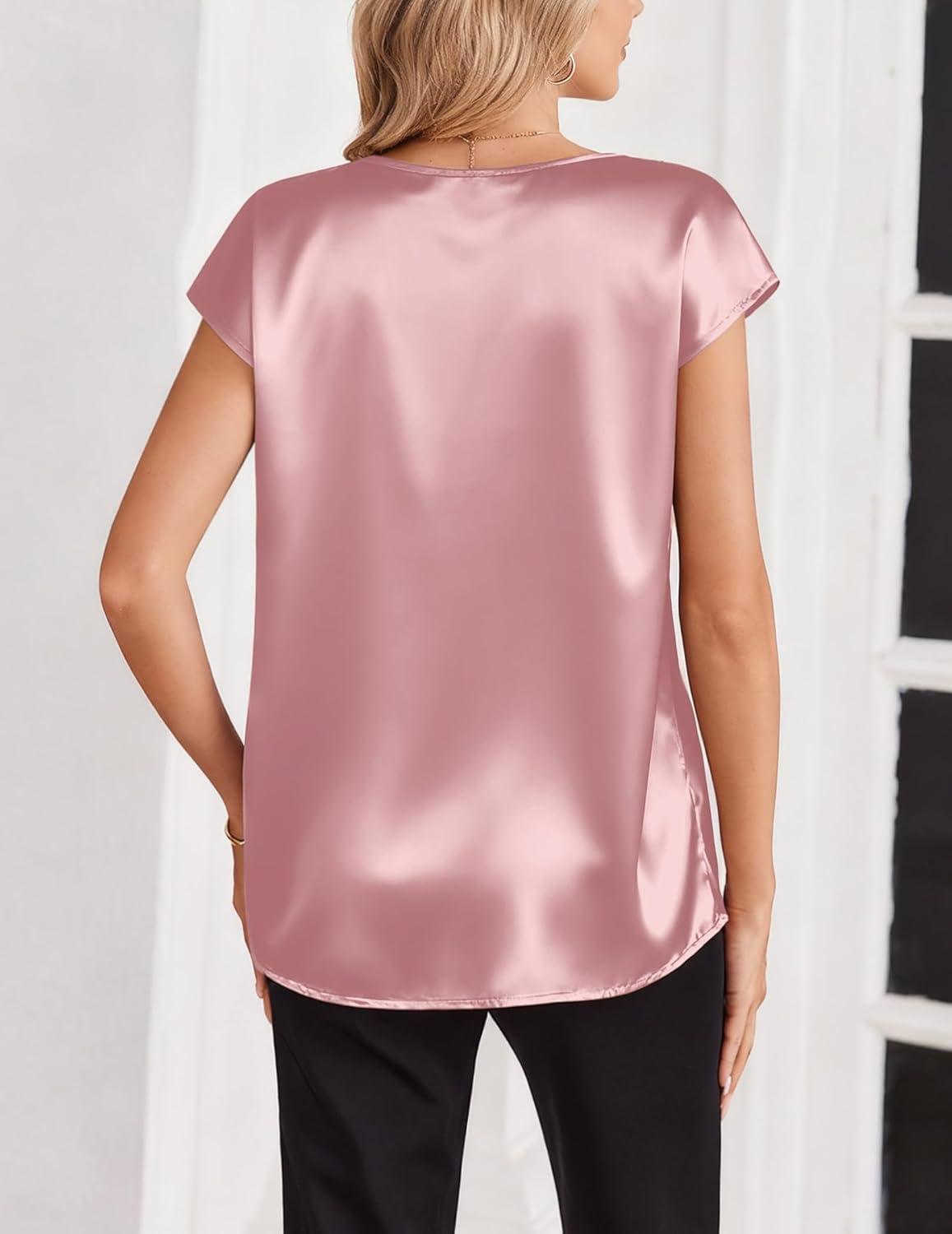imageZeagoo Women Silk Satin Tops Cap Short Sleeve Blouse V Neck Shirts Business Casual Outfits S2XLPink
