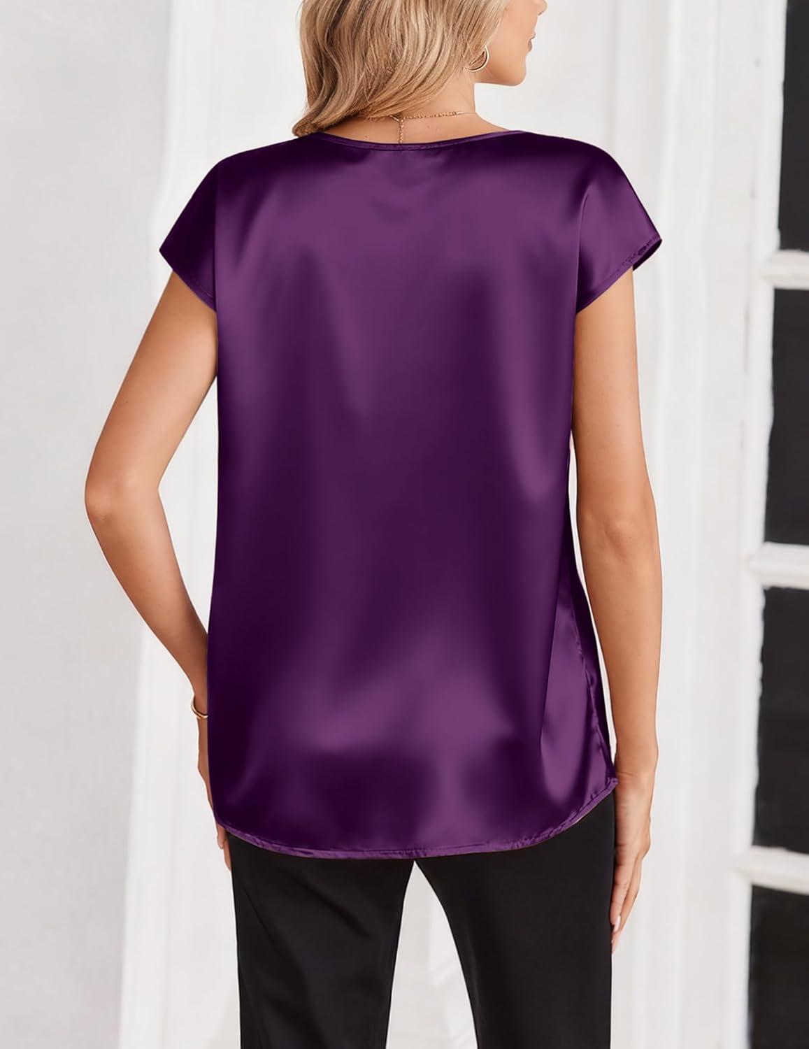 imageZeagoo Women Silk Satin Tops Cap Short Sleeve Blouse V Neck Shirts Business Casual Outfits S2XLPurple