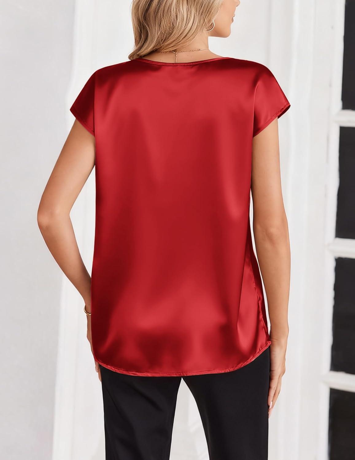 imageZeagoo Women Silk Satin Tops Cap Short Sleeve Blouse V Neck Shirts Business Casual Outfits S2XLRed