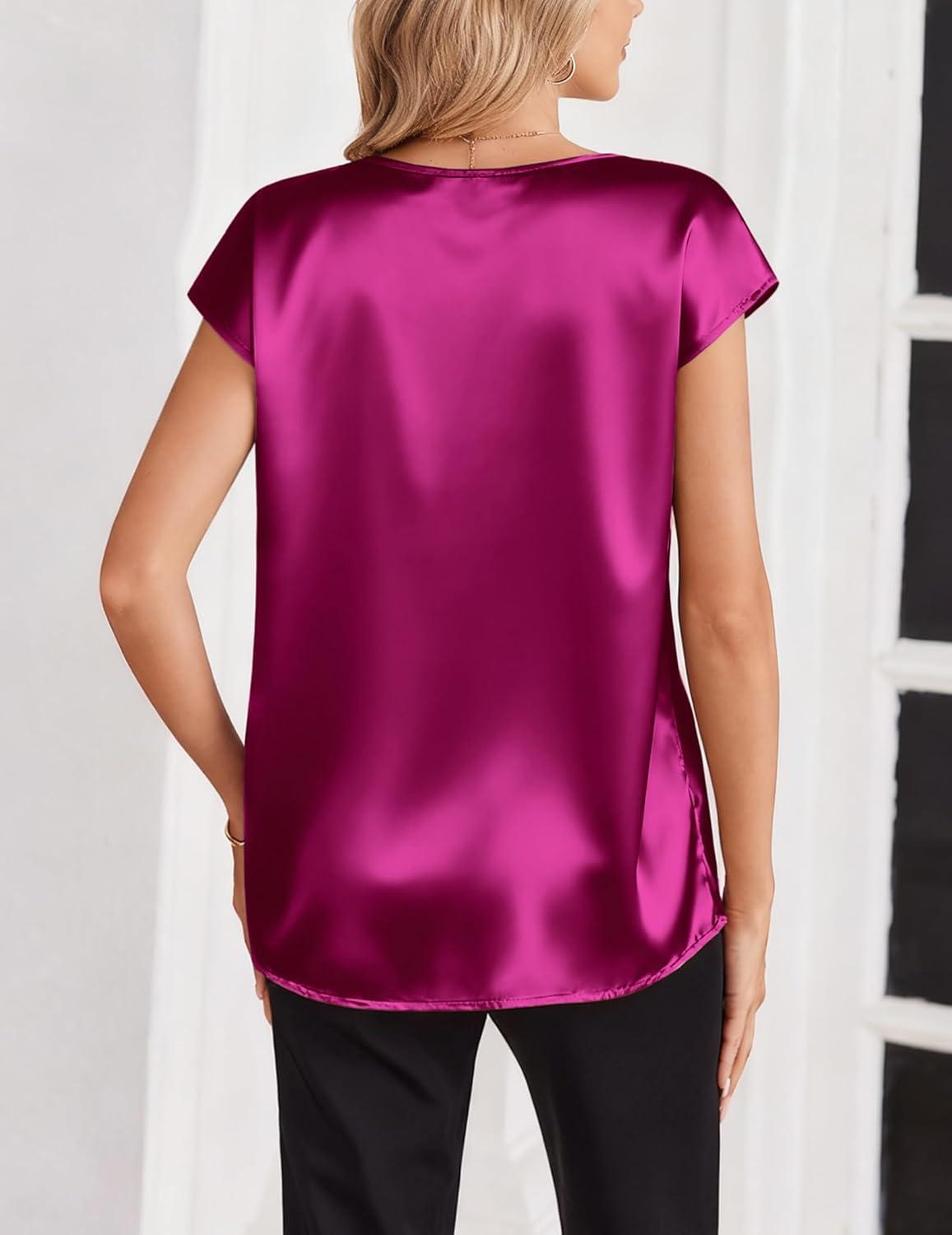 imageZeagoo Women Silk Satin Tops Cap Short Sleeve Blouse V Neck Shirts Business Casual Outfits S2XLRose Red
