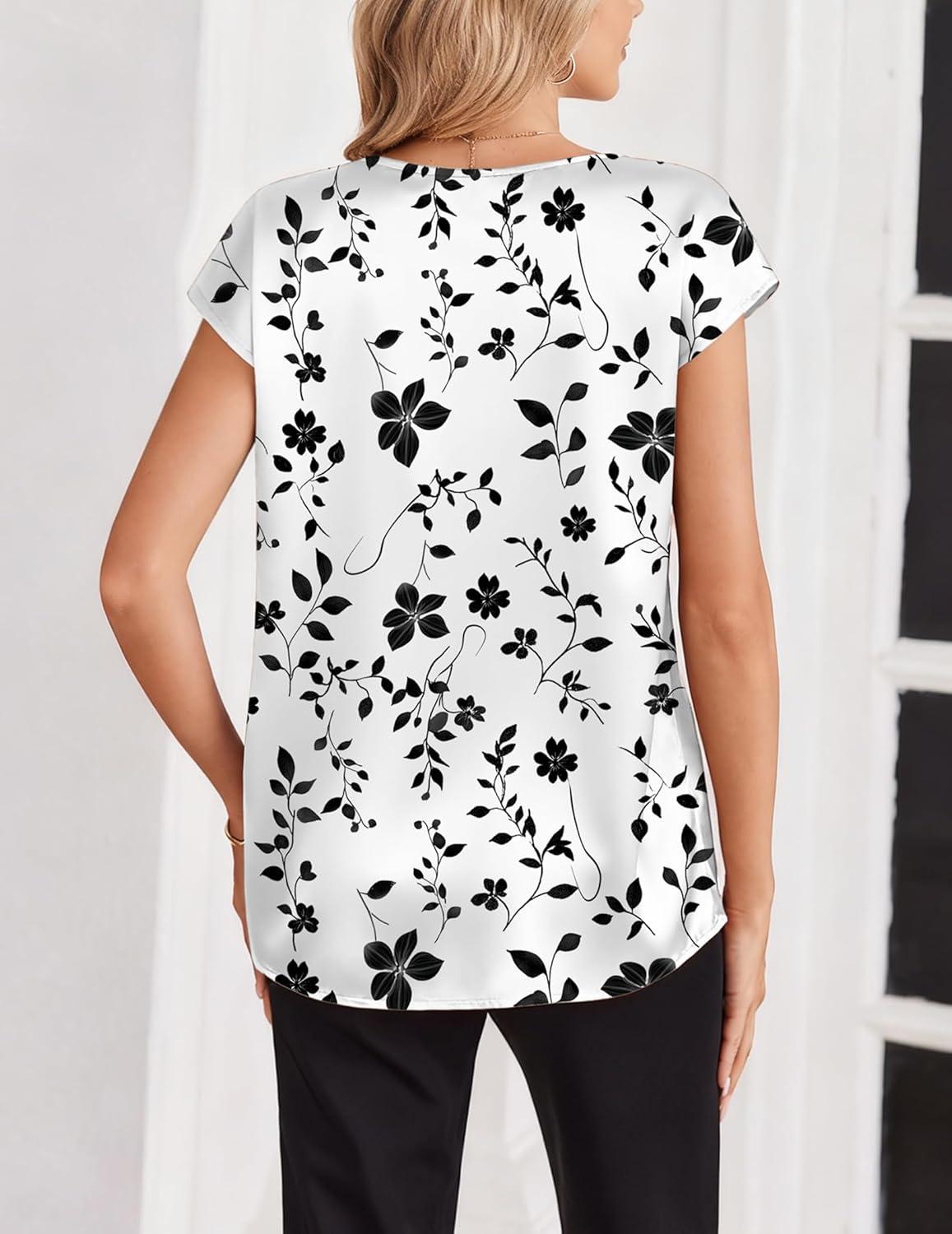 imageZeagoo Women Silk Satin Tops Cap Short Sleeve Blouse V Neck Shirts Business Casual Outfits S2XLSf291