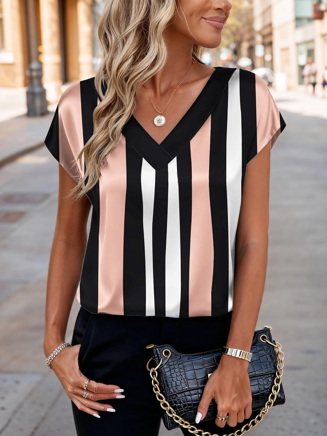 imageZeagoo Women Silk Satin Tops Cap Short Sleeve Blouse V Neck Shirts Business Casual Outfits S2XLTz291