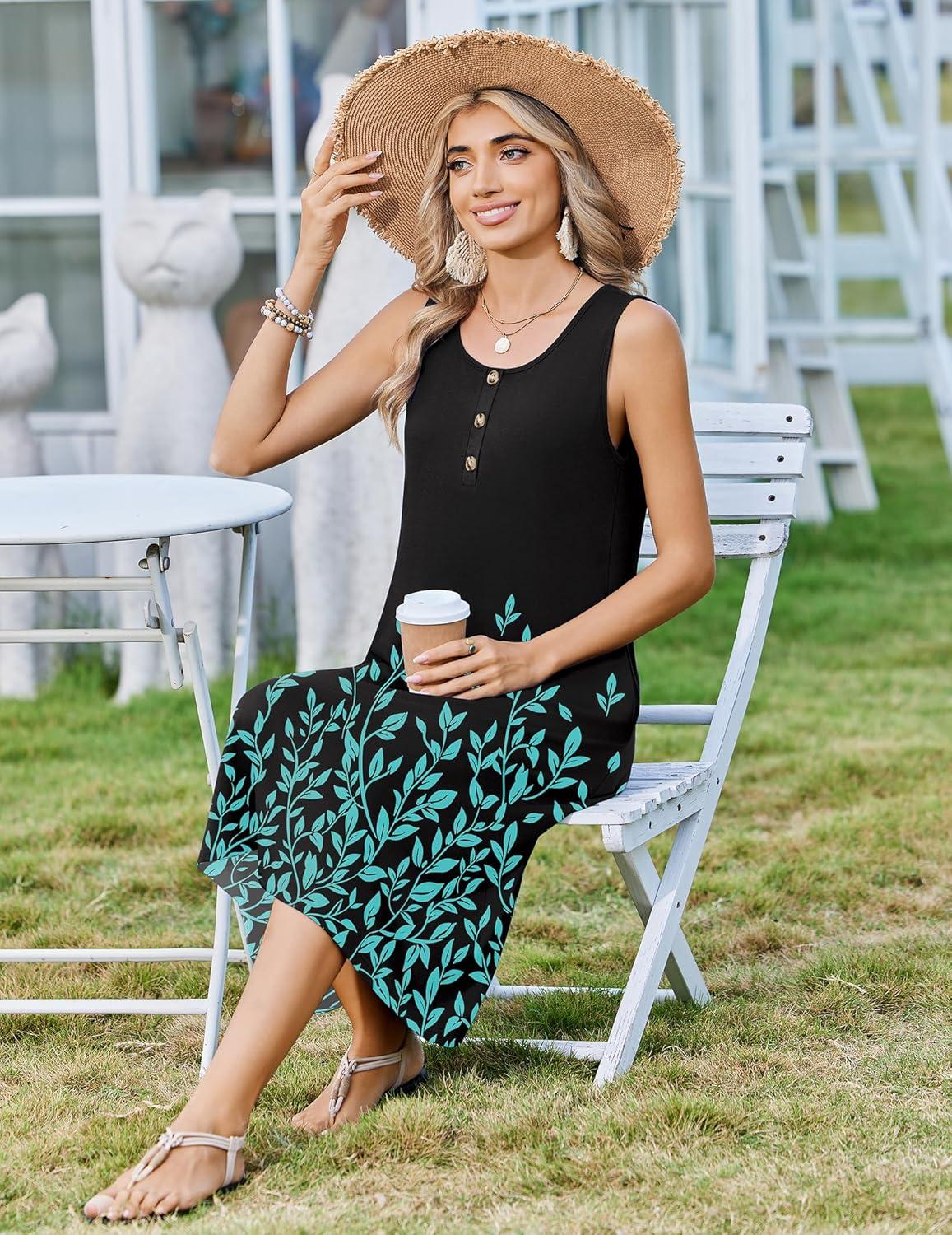 imageZeagoo Women Summer Midi Dress 2026 Sleeveless Casual Beach Sundress Button Down Loose Spring Tank Dresses with PocketsBlack Green