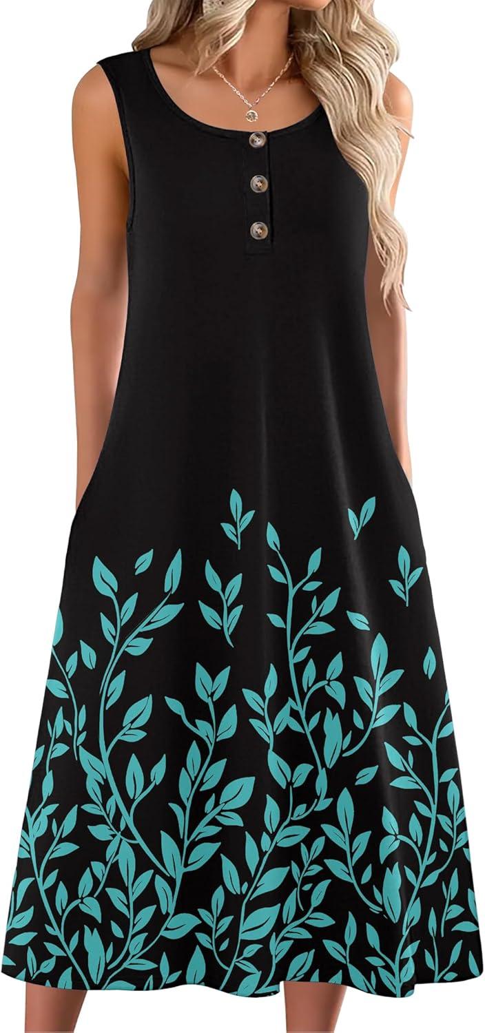 imageZeagoo Women Summer Midi Dress 2026 Sleeveless Casual Beach Sundress Button Down Loose Spring Tank Dresses with PocketsBlack Green