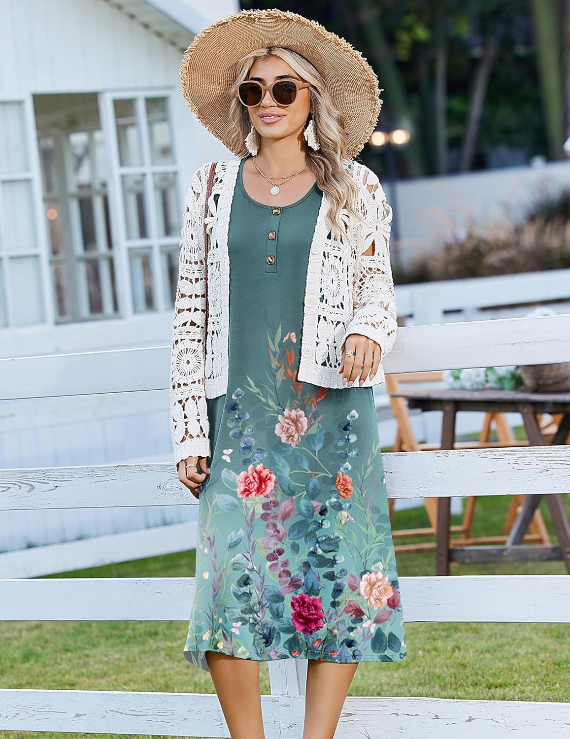 imageZeagoo Women Summer Midi Dress 2026 Sleeveless Casual Beach Sundress Button Down Loose Spring Tank Dresses with PocketsFloral Gray Green