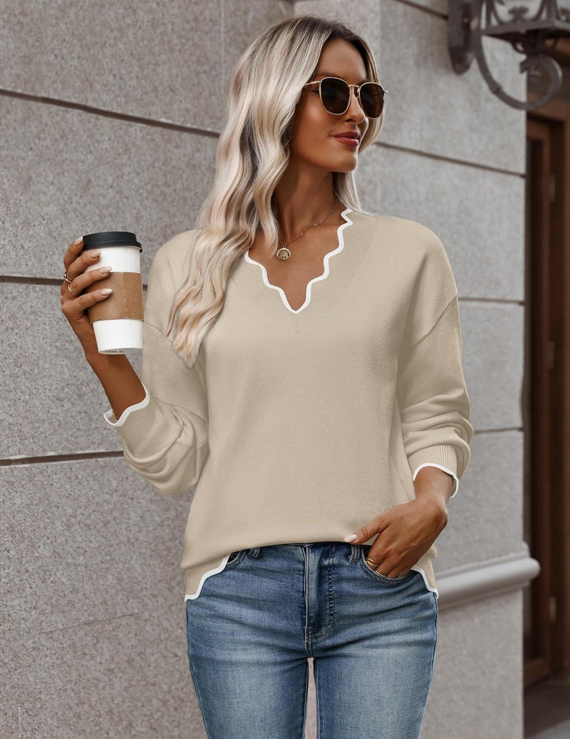 imageZeagoo Womens 2026 Fall V Neck Sweater Casual Long Sleeve Lightweight Ribbed Knit Pullover Sweaters Dressy Casual TopsBeige