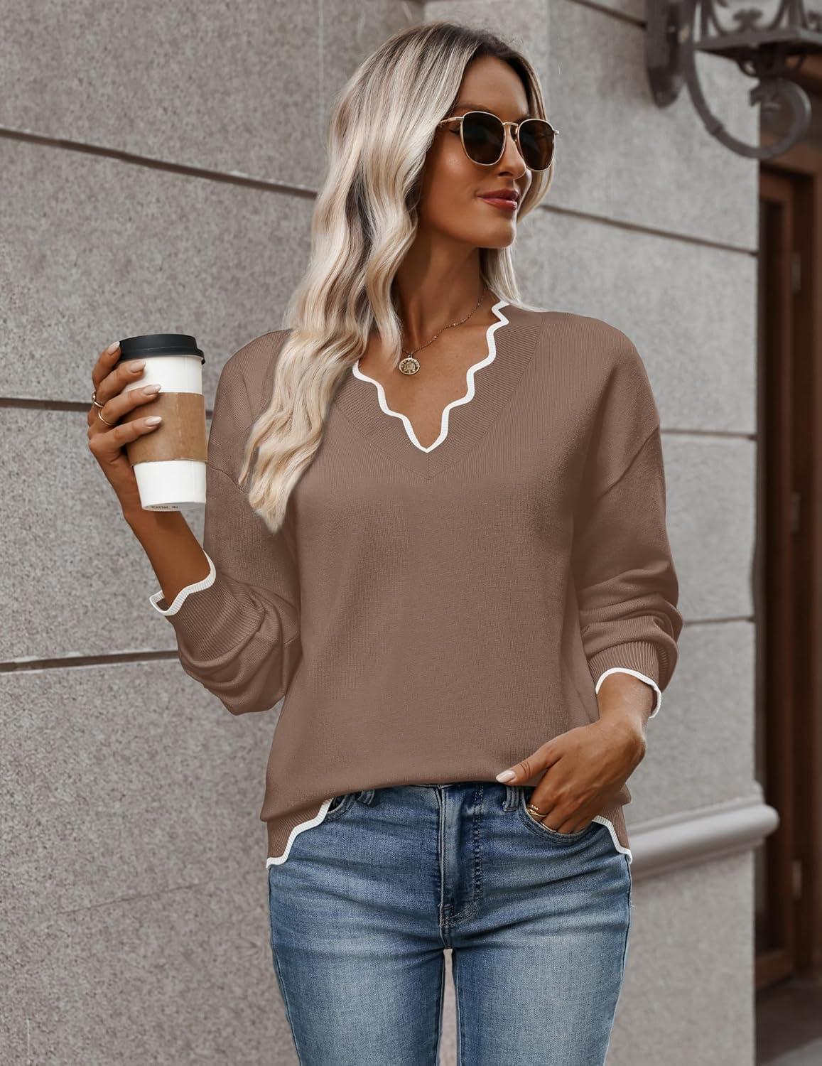 imageZeagoo Womens 2026 Fall V Neck Sweater Casual Long Sleeve Lightweight Ribbed Knit Pullover Sweaters Dressy Casual TopsBrown