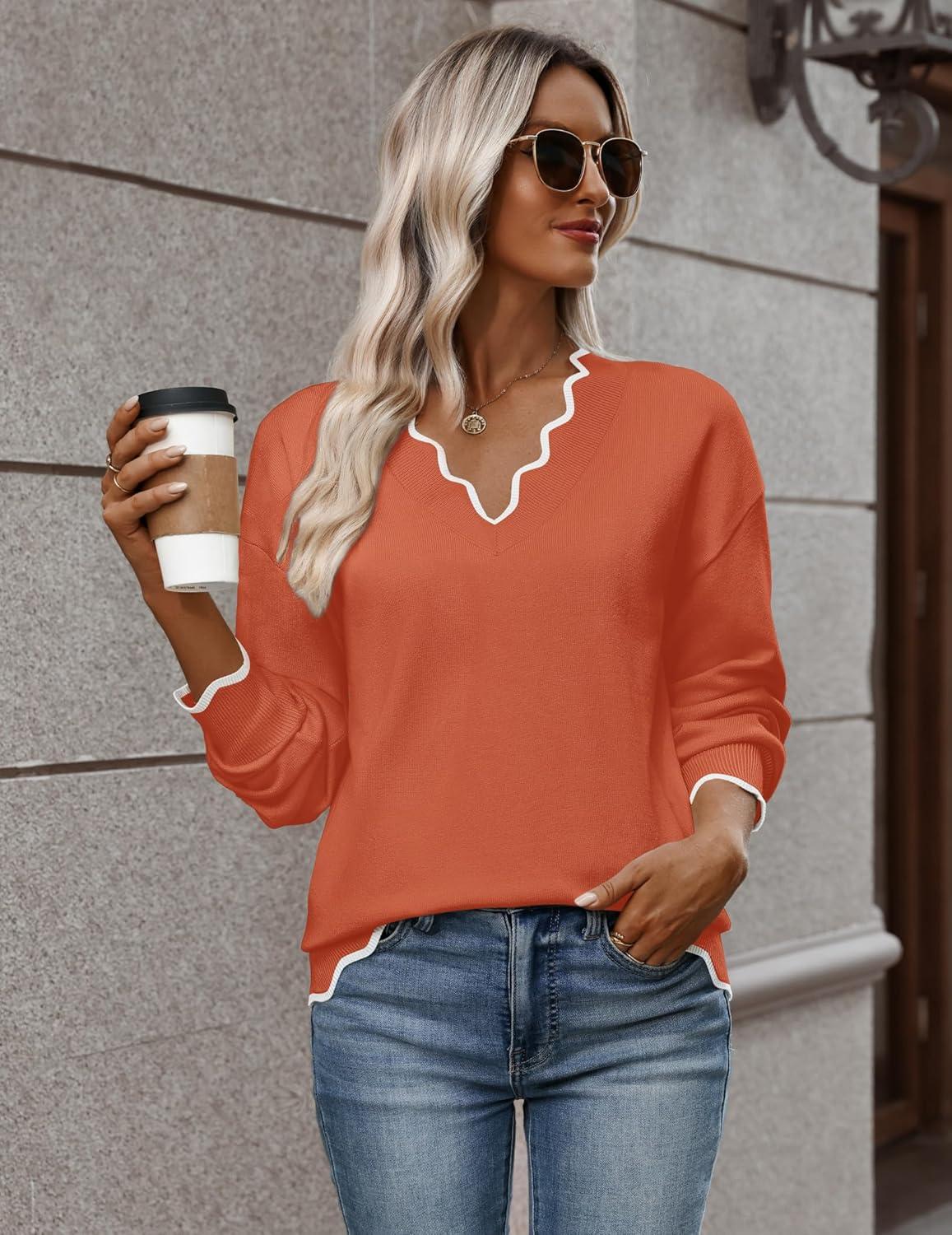 imageZeagoo Womens 2026 Fall V Neck Sweater Casual Long Sleeve Lightweight Ribbed Knit Pullover Sweaters Dressy Casual TopsCaramel