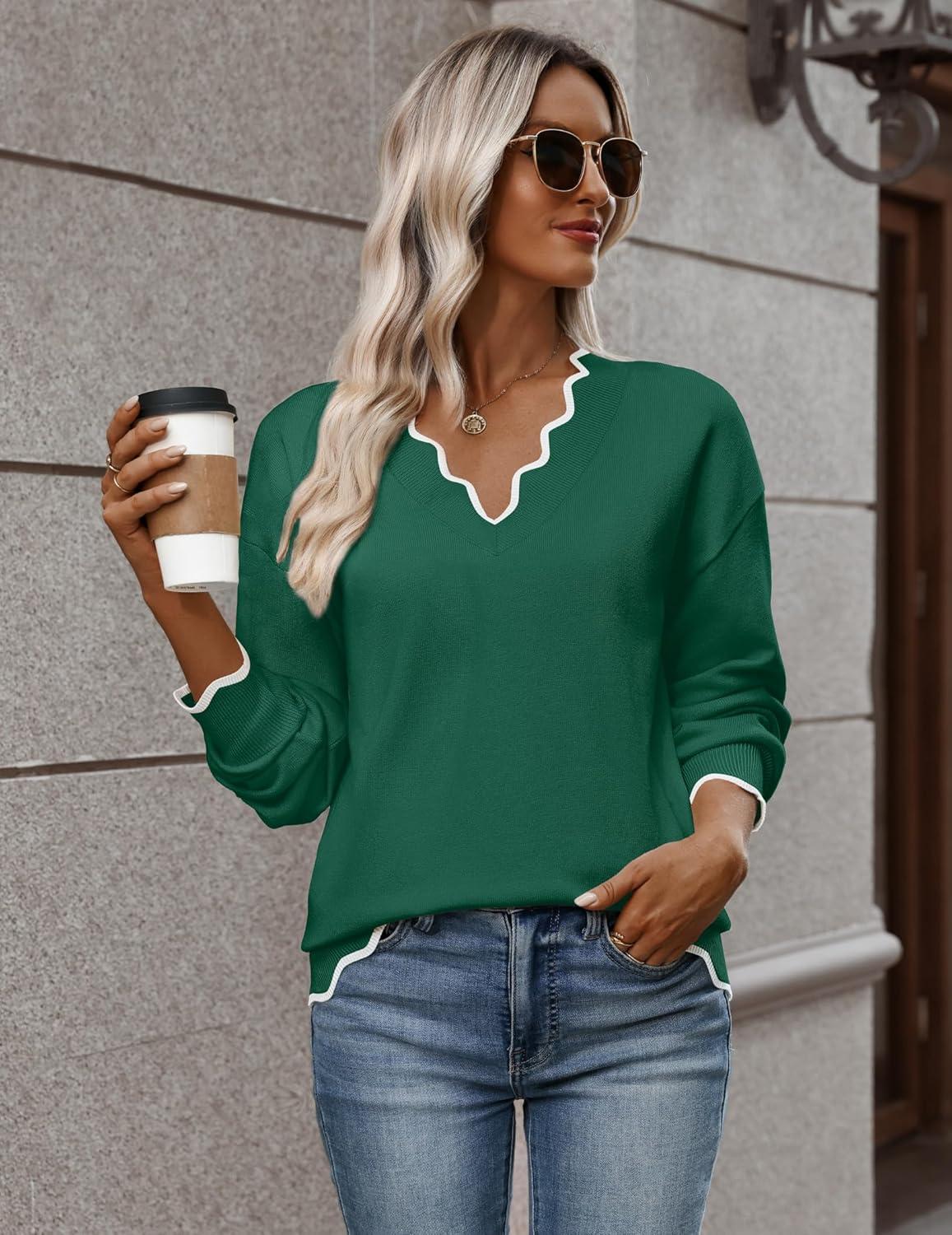 imageZeagoo Womens 2026 Fall V Neck Sweater Casual Long Sleeve Lightweight Ribbed Knit Pullover Sweaters Dressy Casual TopsDark Green