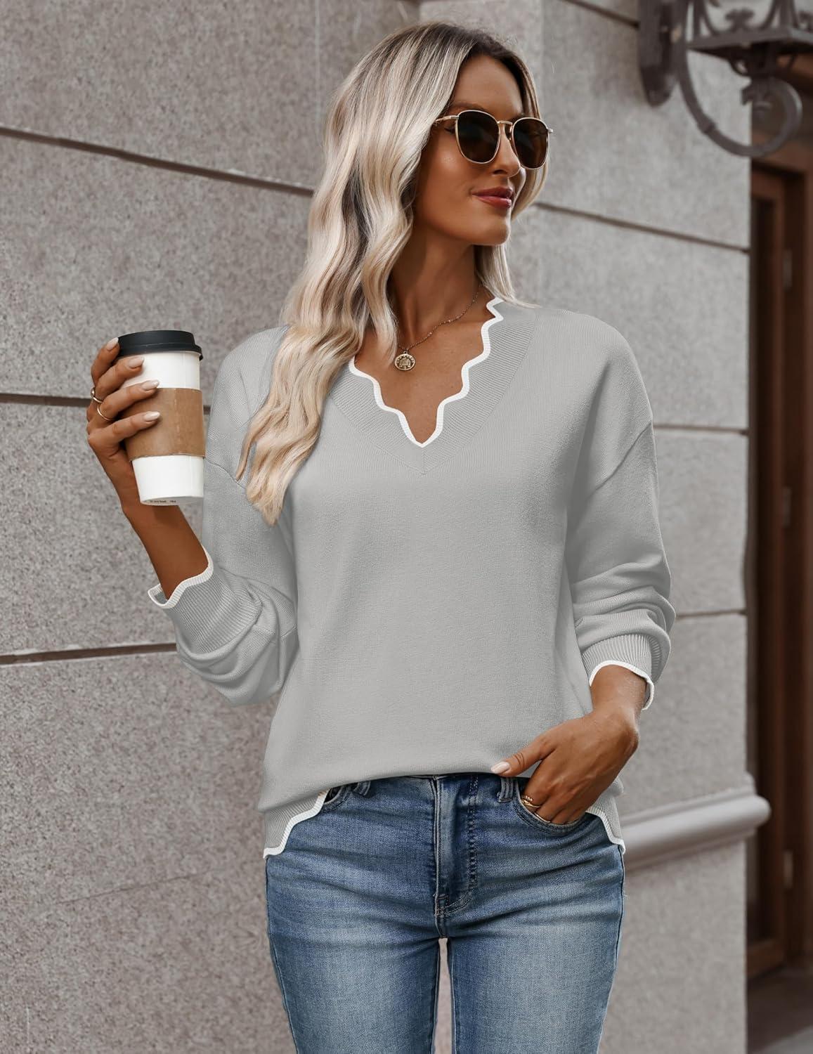 imageZeagoo Womens 2026 Fall V Neck Sweater Casual Long Sleeve Lightweight Ribbed Knit Pullover Sweaters Dressy Casual TopsGrey