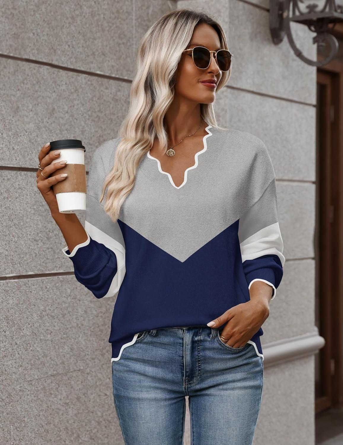 imageZeagoo Womens 2026 Fall V Neck Sweater Casual Long Sleeve Lightweight Ribbed Knit Pullover Sweaters Dressy Casual TopsY Grey Navy