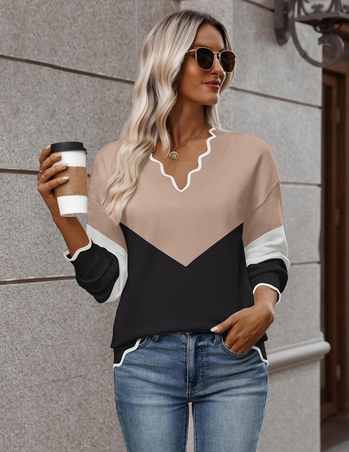 imageZeagoo Womens 2026 Fall V Neck Sweater Casual Long Sleeve Lightweight Ribbed Knit Pullover Sweaters Dressy Casual TopsY Khaki Black