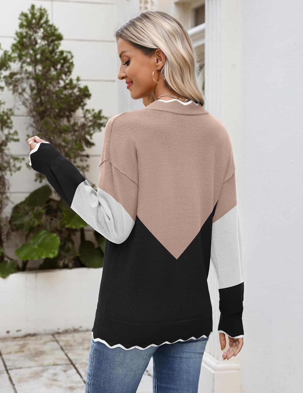 imageZeagoo Womens 2026 Fall V Neck Sweater Casual Long Sleeve Lightweight Ribbed Knit Pullover Sweaters Dressy Casual TopsY Khaki Black