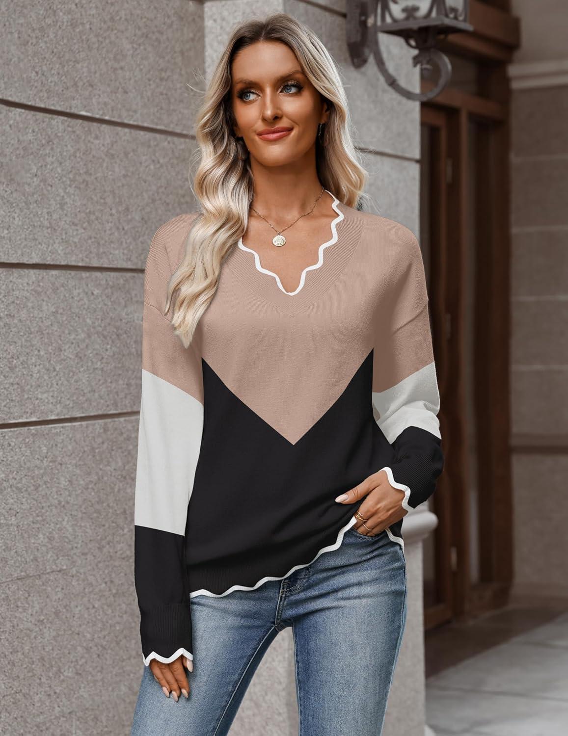imageZeagoo Womens 2026 Fall V Neck Sweater Casual Long Sleeve Lightweight Ribbed Knit Pullover Sweaters Dressy Casual TopsY Khaki Black