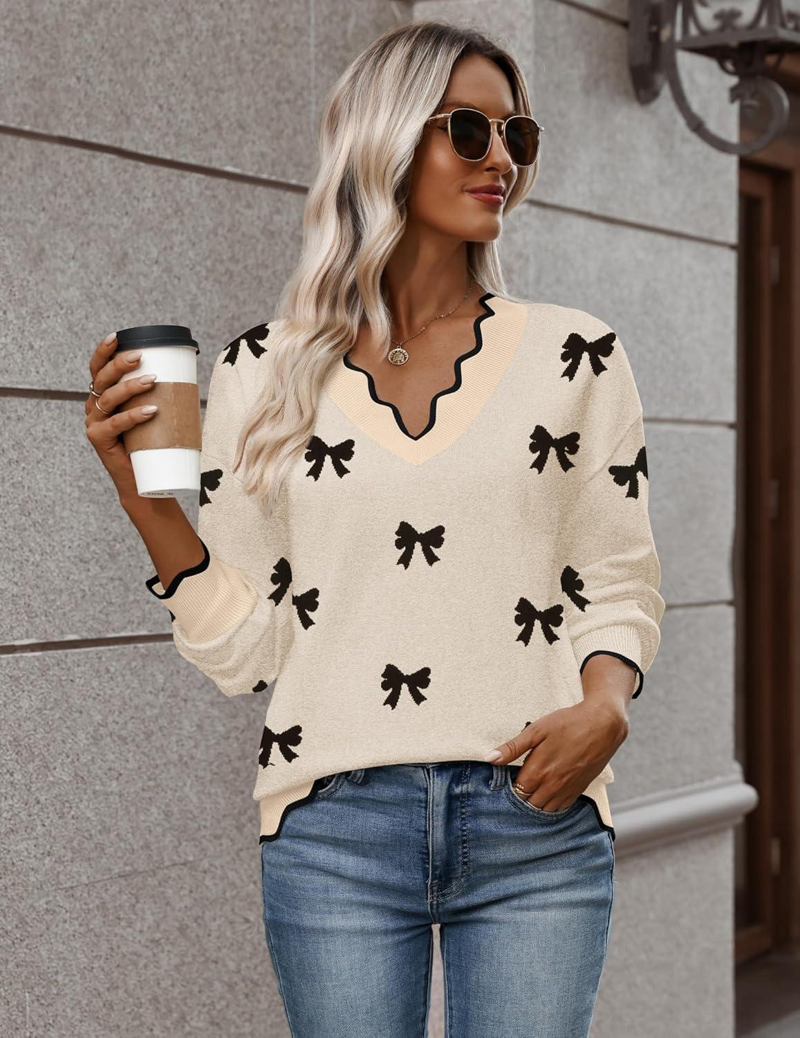 imageZeagoo Womens 2026 Fall V Neck Sweater Casual Long Sleeve Lightweight Ribbed Knit Pullover Sweaters Dressy Casual TopsZ Bow Black