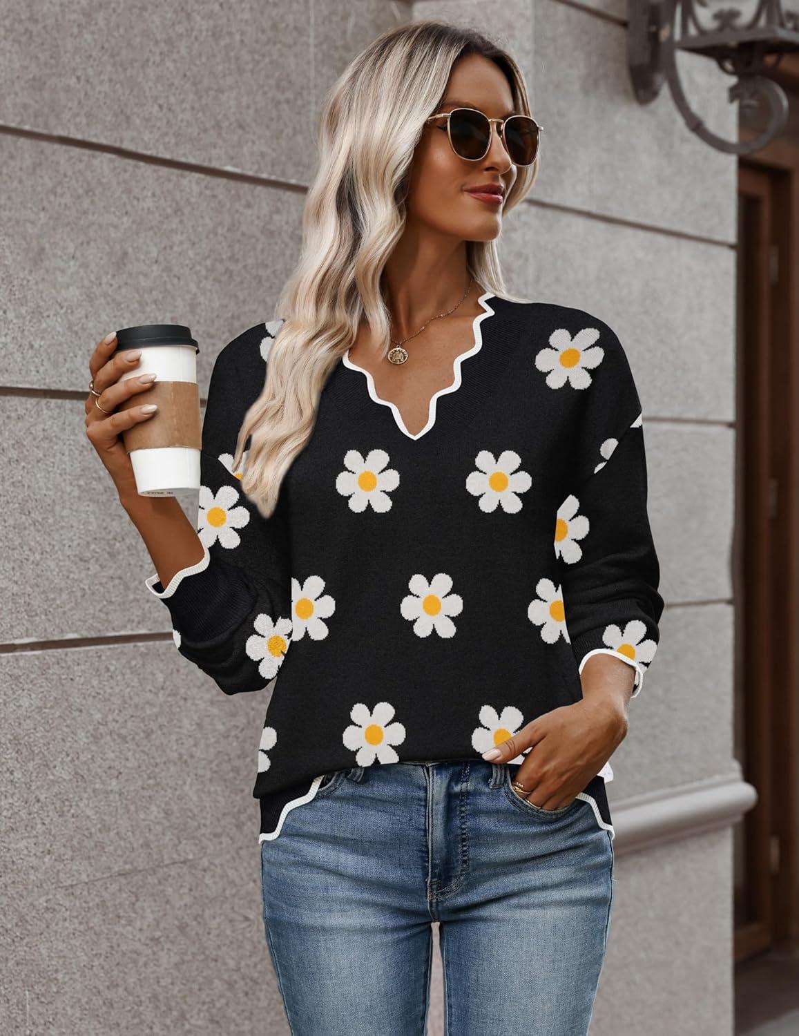 imageZeagoo Womens 2026 Fall V Neck Sweater Casual Long Sleeve Lightweight Ribbed Knit Pullover Sweaters Dressy Casual TopsZ Flower Black