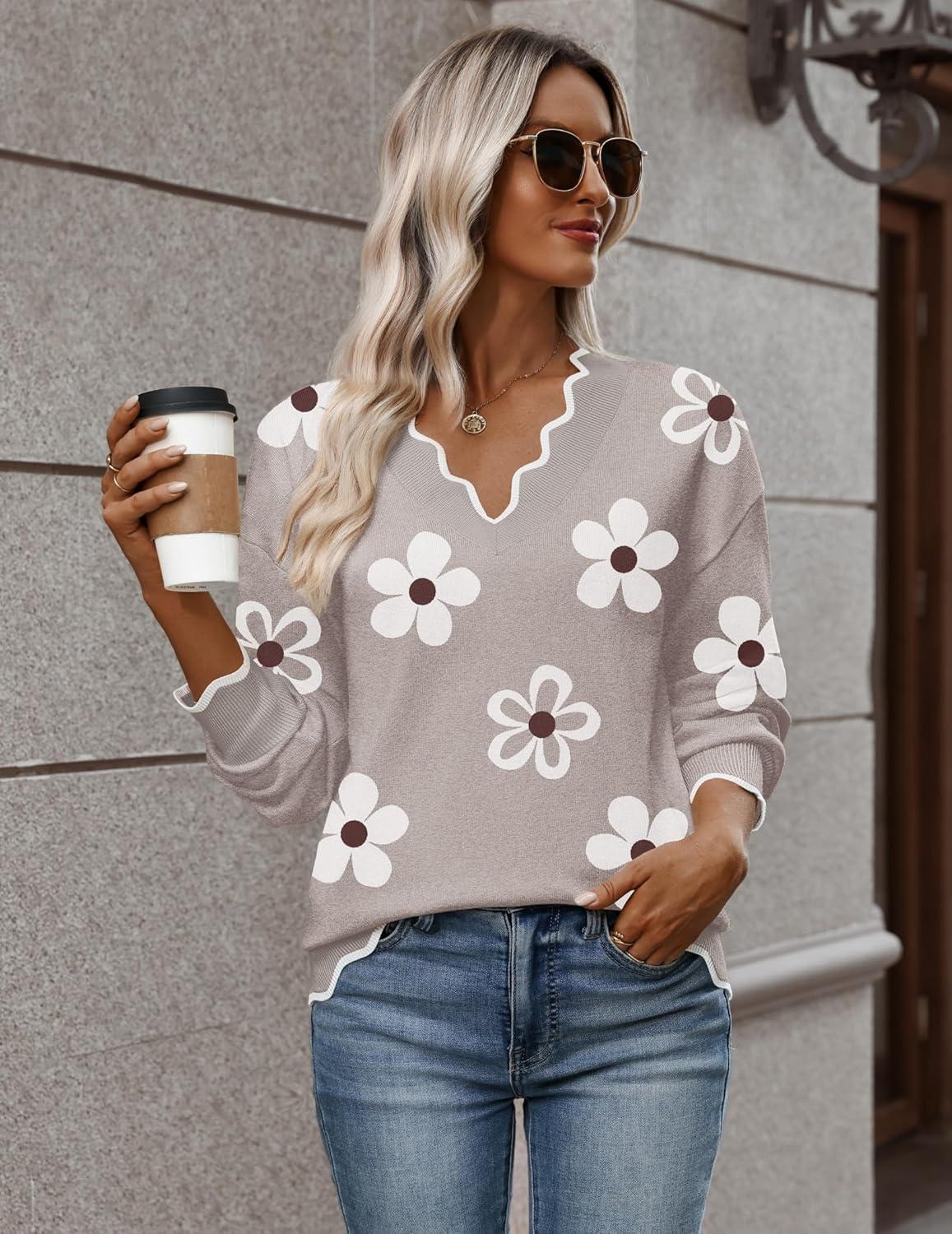 imageZeagoo Womens 2026 Fall V Neck Sweater Casual Long Sleeve Lightweight Ribbed Knit Pullover Sweaters Dressy Casual TopsZ Flower White