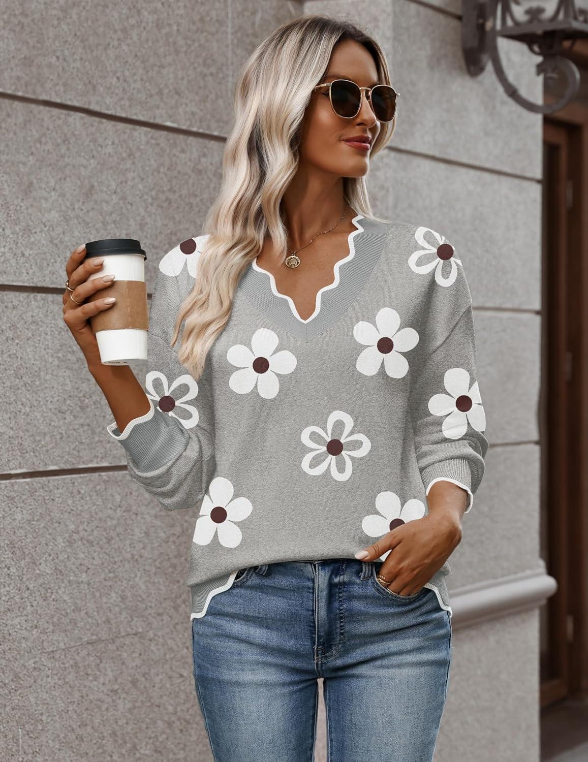 imageZeagoo Womens 2026 Fall V Neck Sweater Casual Long Sleeve Lightweight Ribbed Knit Pullover Sweaters Dressy Casual TopsZ Flowers Grey