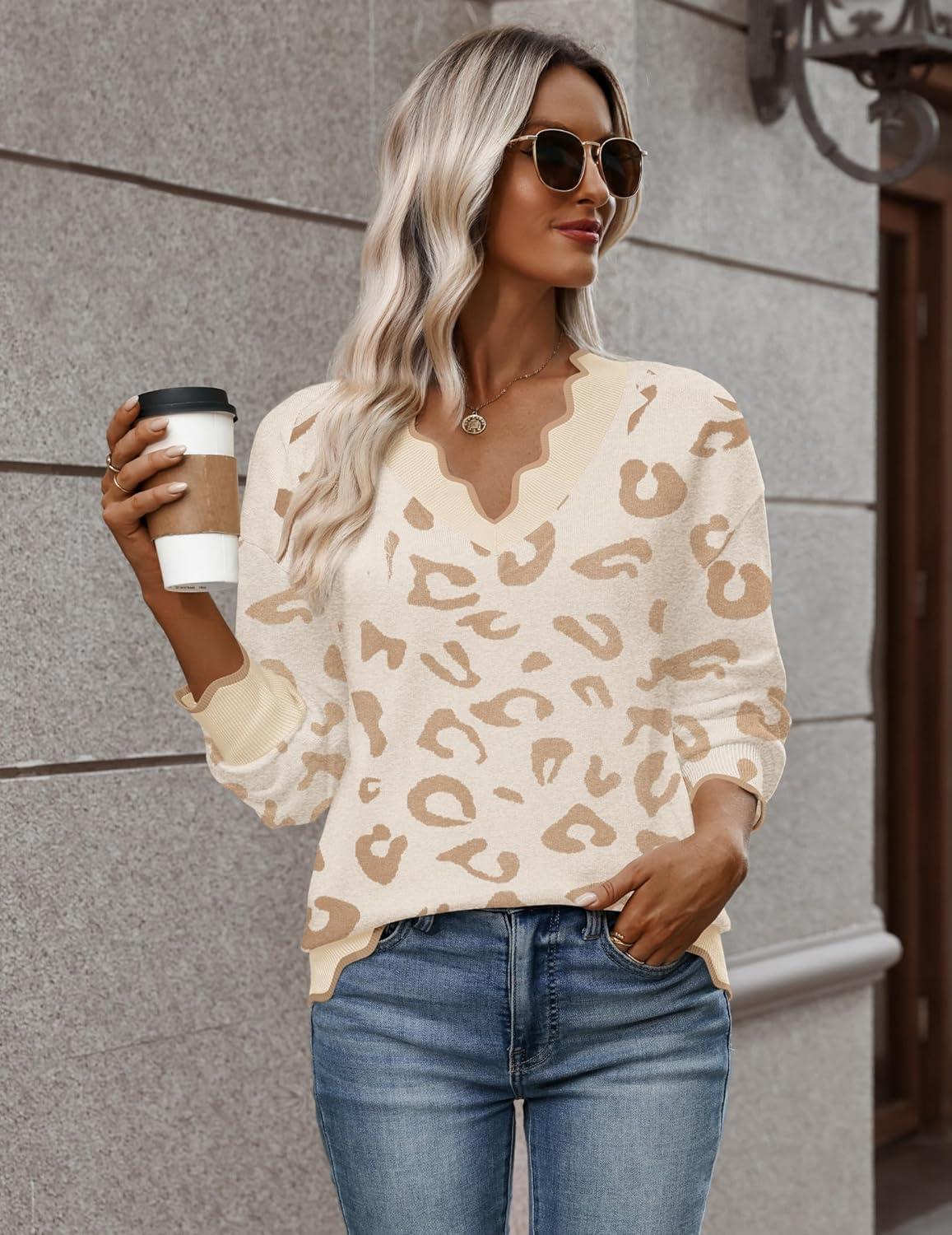 imageZeagoo Womens 2026 Fall V Neck Sweater Casual Long Sleeve Lightweight Ribbed Knit Pullover Sweaters Dressy Casual TopsZ Leopard Print