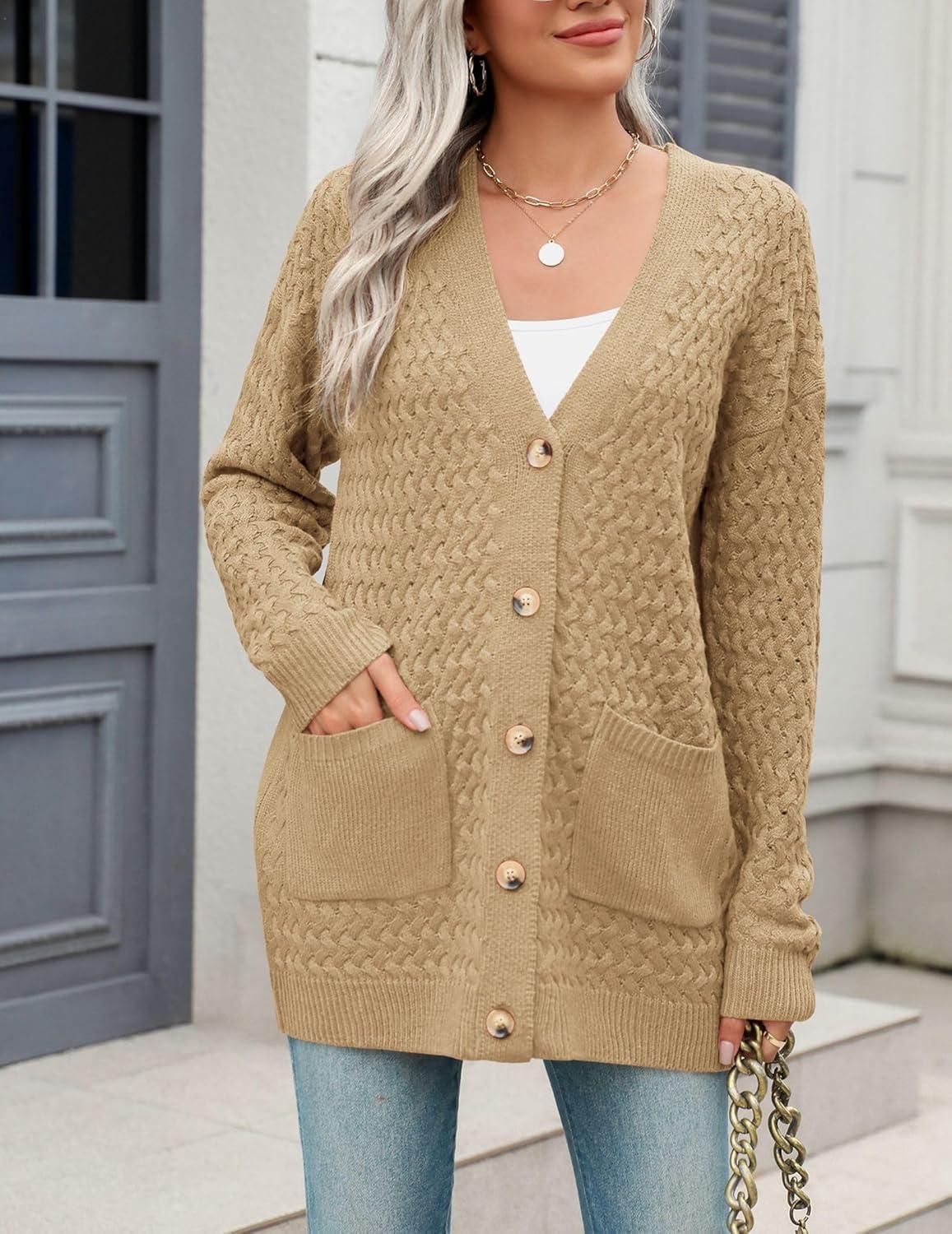 imageZeagoo Womens 2026 Long Sleeve Chunky Cable Knit Fall Cardigans Sweaters Button Down Open Front Outerwear with PocketsBeige