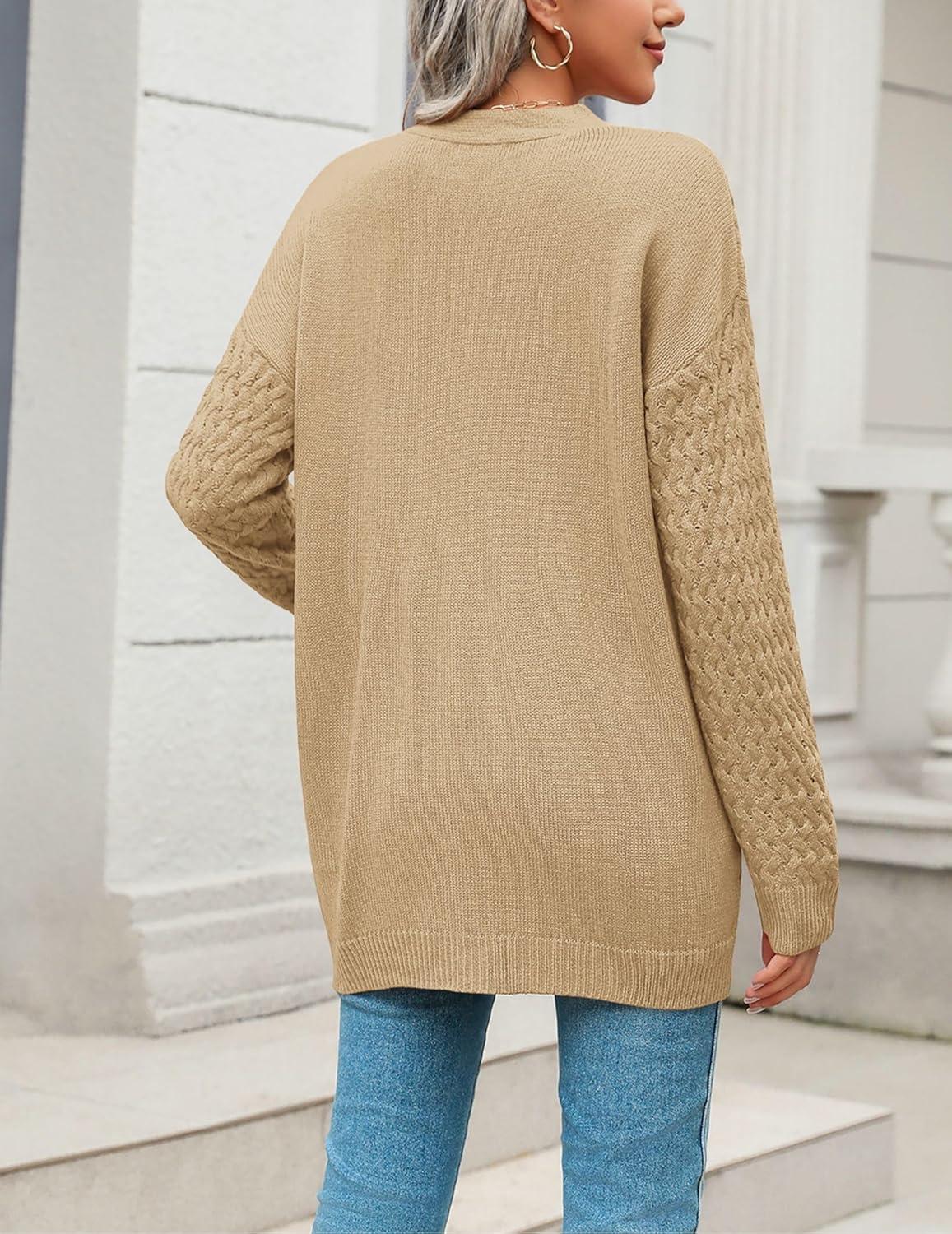 imageZeagoo Womens 2026 Long Sleeve Chunky Cable Knit Fall Cardigans Sweaters Button Down Open Front Outerwear with PocketsBeige