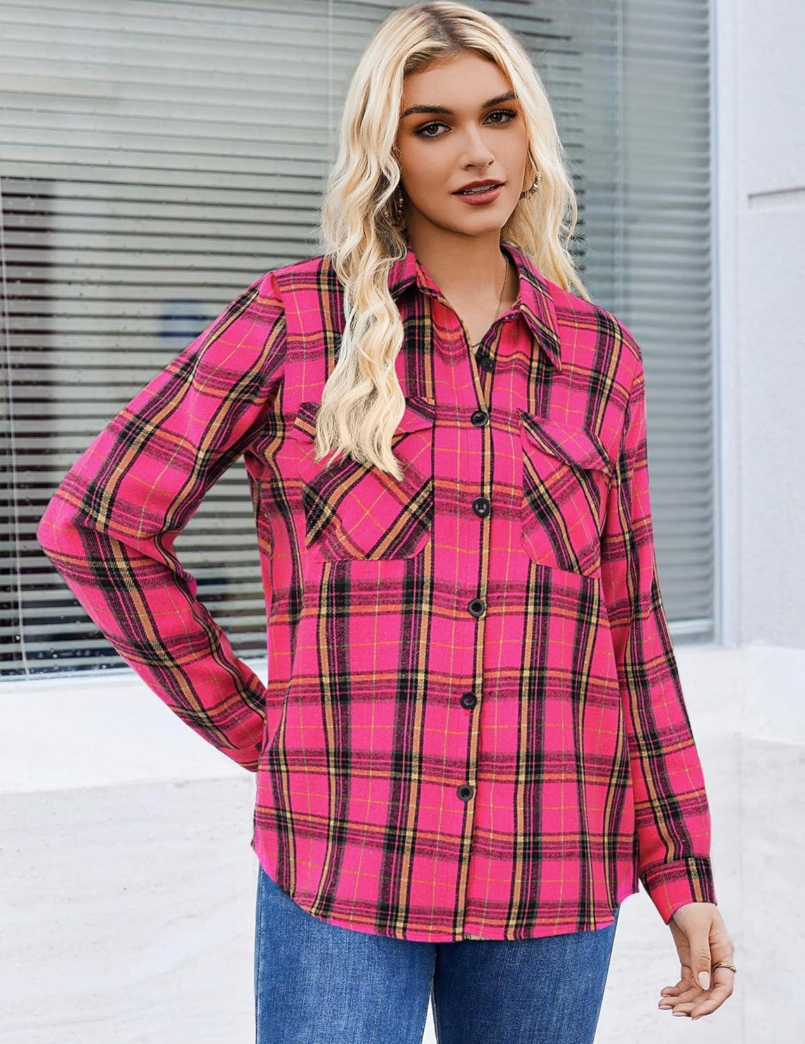 imageZeagoo Womens Button Down Flannel Shirts Long Sleeve Plaid Blouses Lightweight Business Dressy Casual Top with PocketsHot Pink