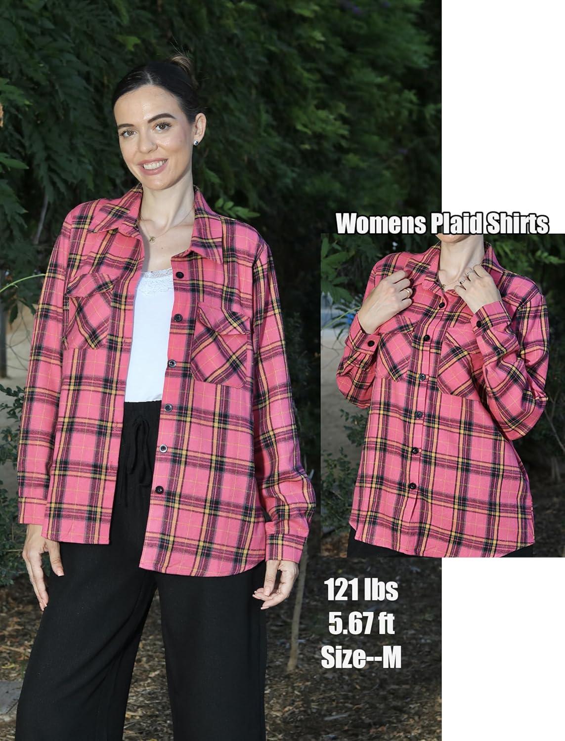 imageZeagoo Womens Button Down Flannel Shirts Long Sleeve Plaid Blouses Lightweight Business Dressy Casual Top with PocketsHot Pink
