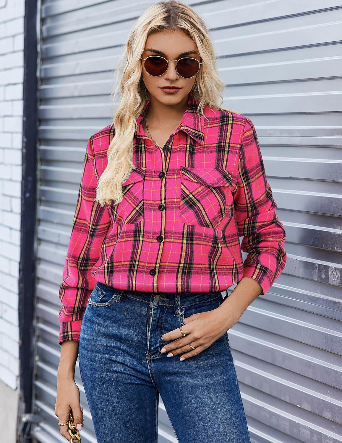 imageZeagoo Womens Button Down Flannel Shirts Long Sleeve Plaid Blouses Lightweight Business Dressy Casual Top with PocketsHot Pink