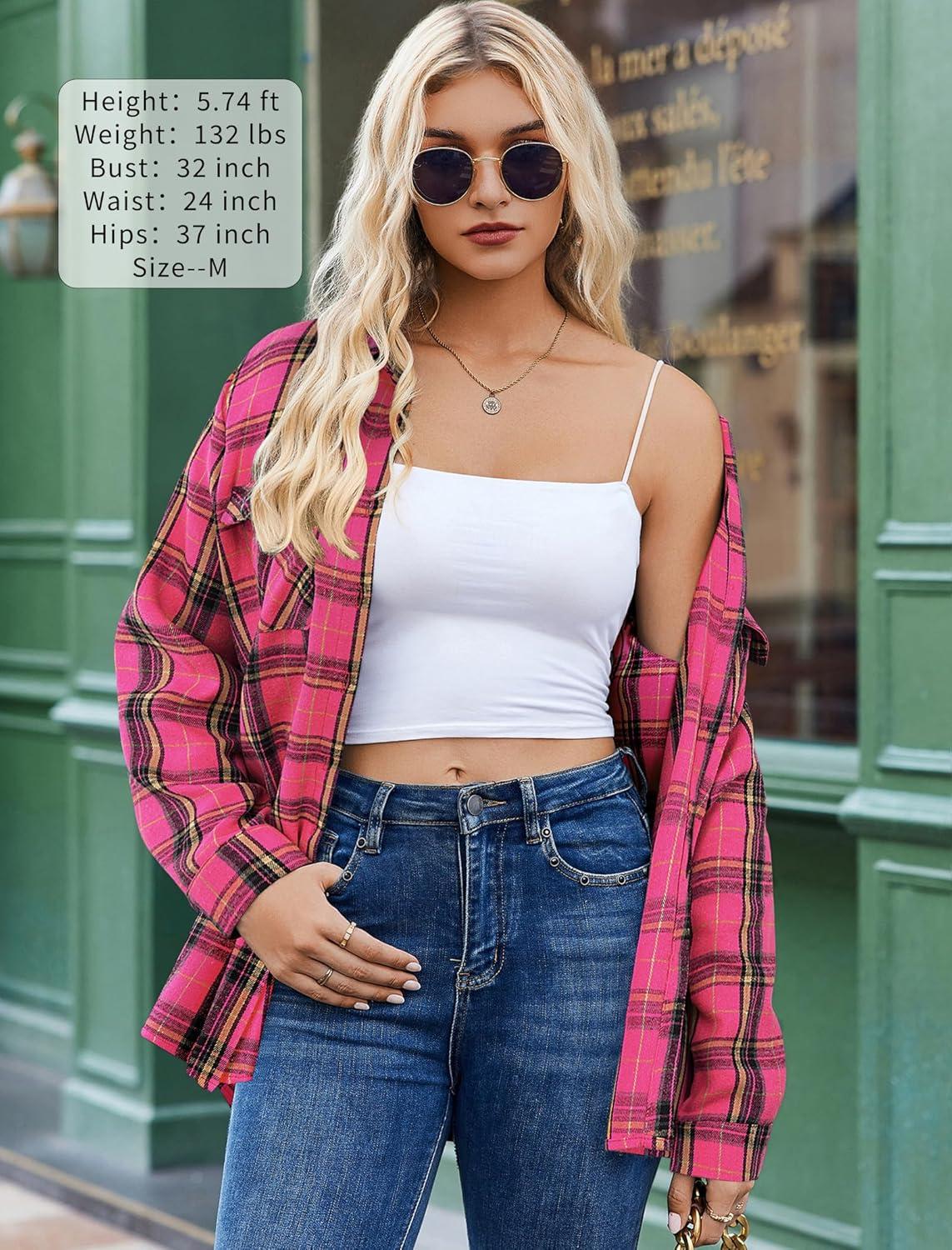 imageZeagoo Womens Button Down Flannel Shirts Long Sleeve Plaid Blouses Lightweight Business Dressy Casual Top with PocketsHot Pink